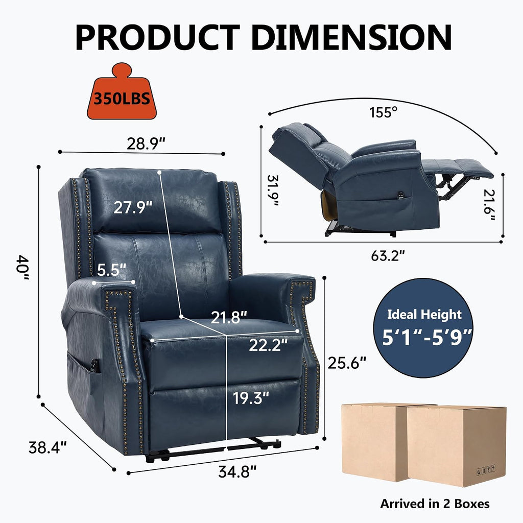 KEIKI Mid Century Modern Oversized Recliner Accent Chair for Adults, Manual Leather Recliner Chair with Back Massager and Heating for Living Room, Apartment Rocking Reading Chairs for Adults, Blue