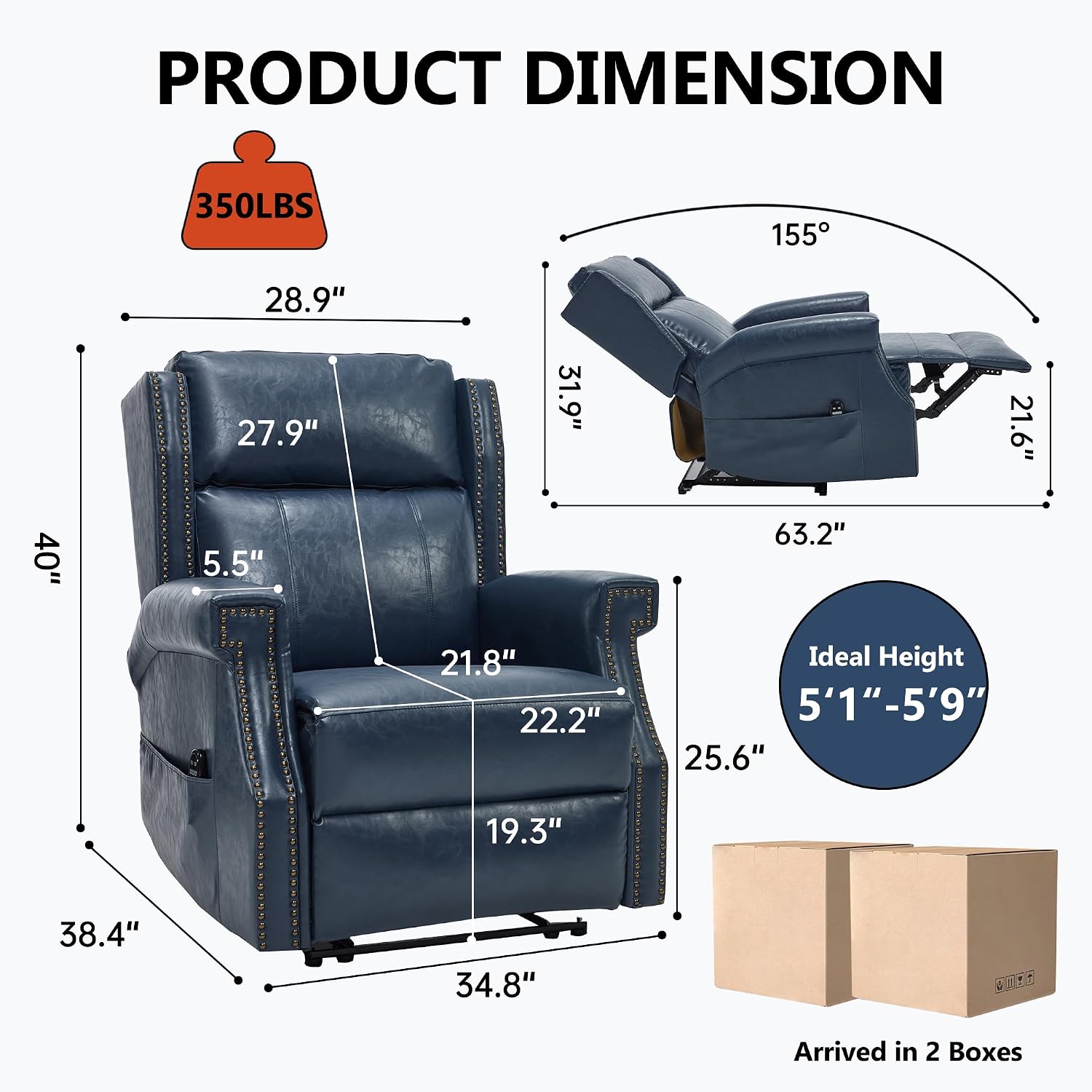 KEIKI Mid Century Modern Oversized Recliner Accent Chair for Adults, Manual Leather Recliner Chair with Back Massager and Heating for Living Room, Apartment Rocking Reading Chairs for Adults, Blue