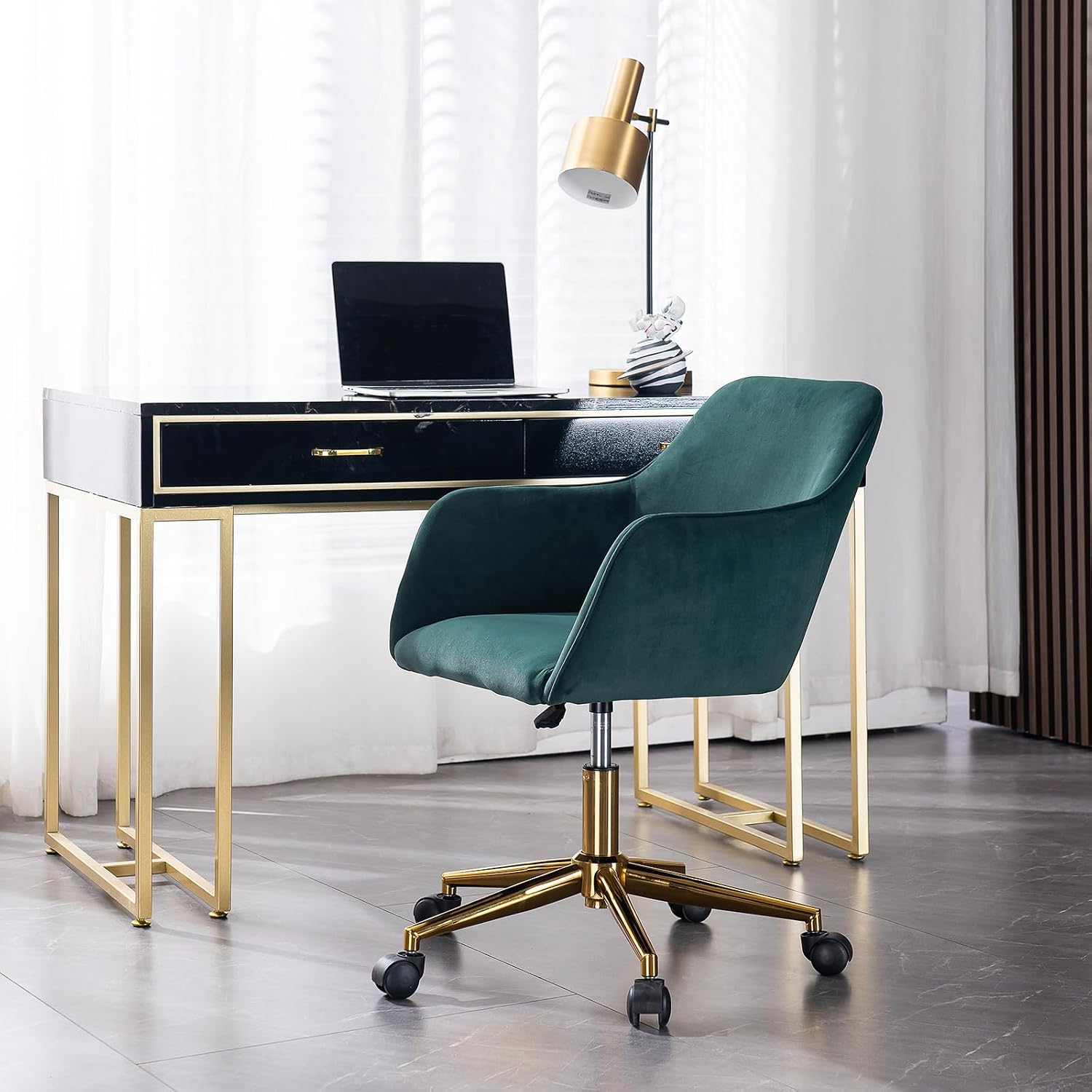 6955624348851 Modern Velvet, Height Adjustable, 360° Swivel Office Chair, Upholstered Cosmetic Dresser Armchair with Metal Feet and Backrest, Bedroom Furniture Dark Green