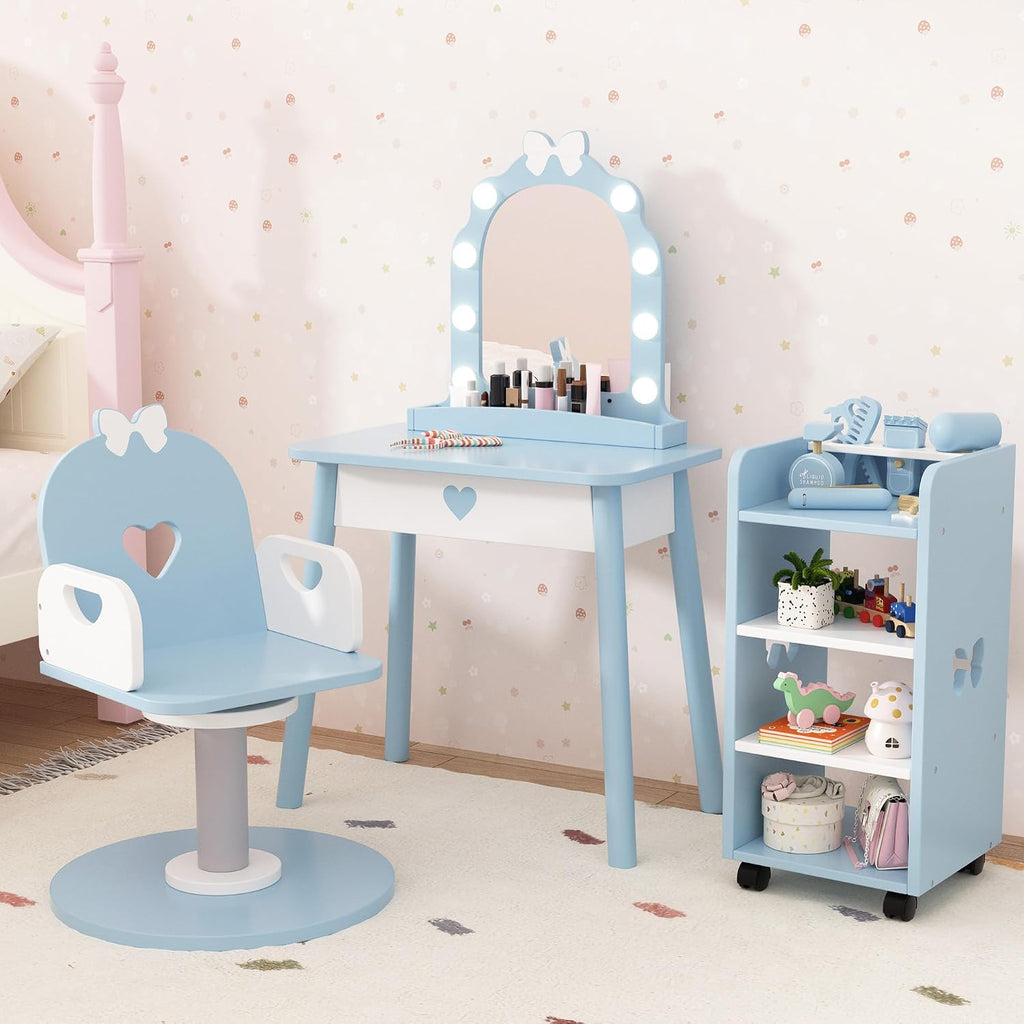 Wooden Kids Vanity Table and Chair Set with Light and Mirror, Princess Makeup Vanity Desk with Barber Chair and Rolling Cart, Pretend Hair Salon Play Set, Toddler Vanity Set for Girls, Blue