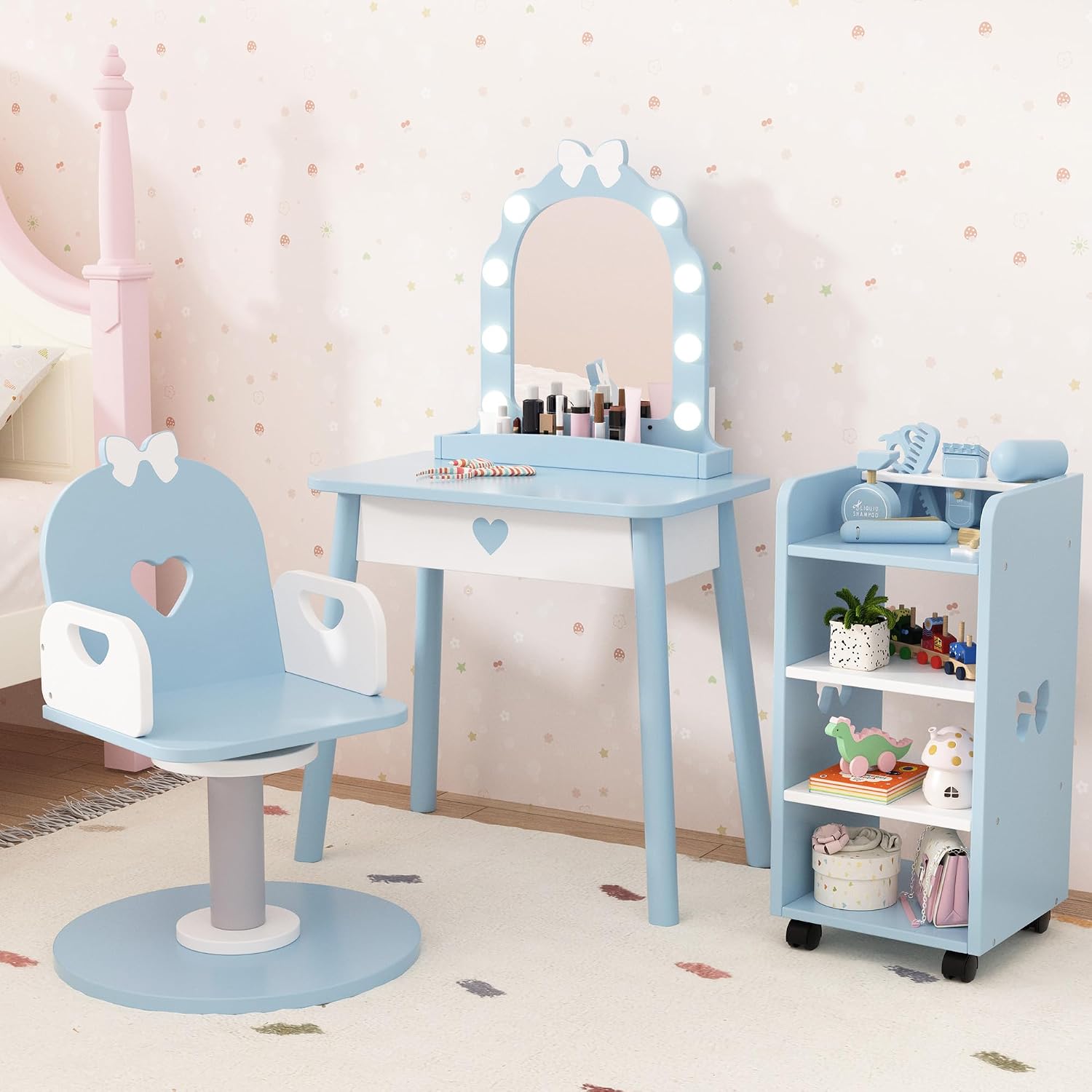 Wooden Kids Vanity Table and Chair Set with Light and Mirror, Princess Makeup Vanity Desk with Barber Chair and Rolling Cart, Pretend Hair Salon Play Set, Toddler Vanity Set for Girls, Blue