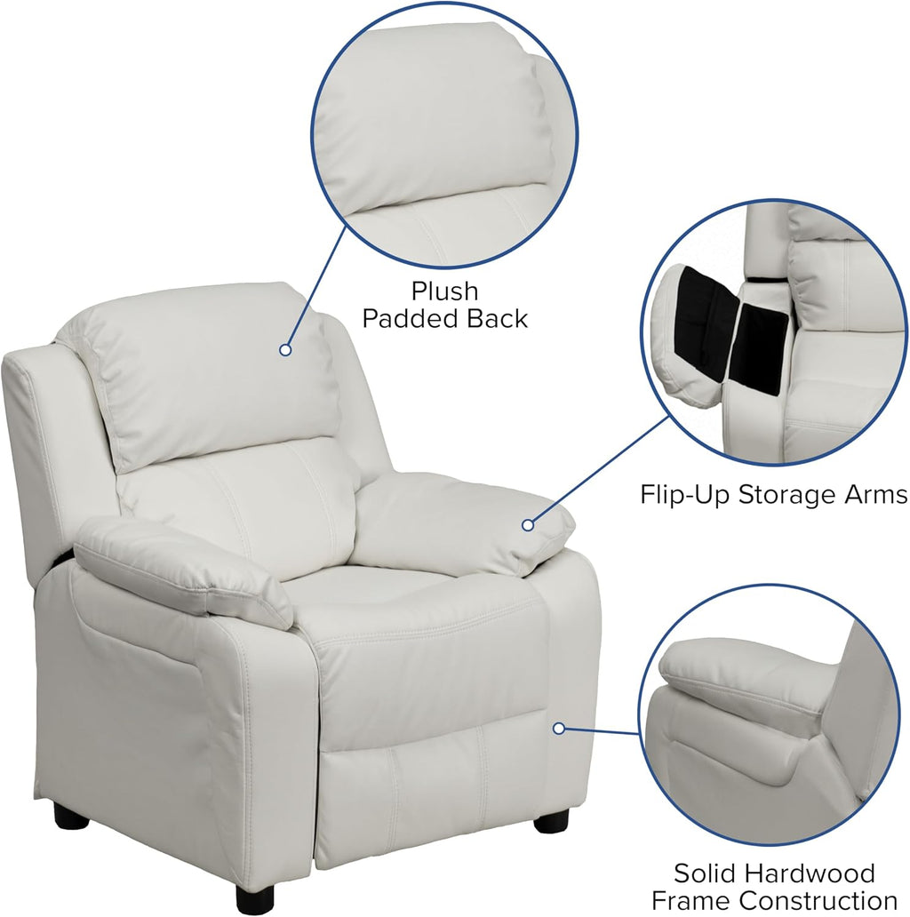 Flash Furniture Charlie Vinyl Kids Recliner with Flip-Up Storage Arms and Safety Recline, Contemporary Reclining Chair for Kids, Supports up to 90 lbs., White