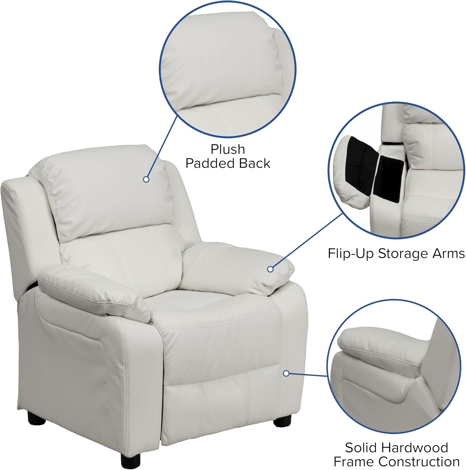 Flash Furniture Charlie Vinyl Kids Recliner with Flip-Up Storage Arms and Safety Recline, Contemporary Reclining Chair for Kids, Supports up to 90 lbs., White
