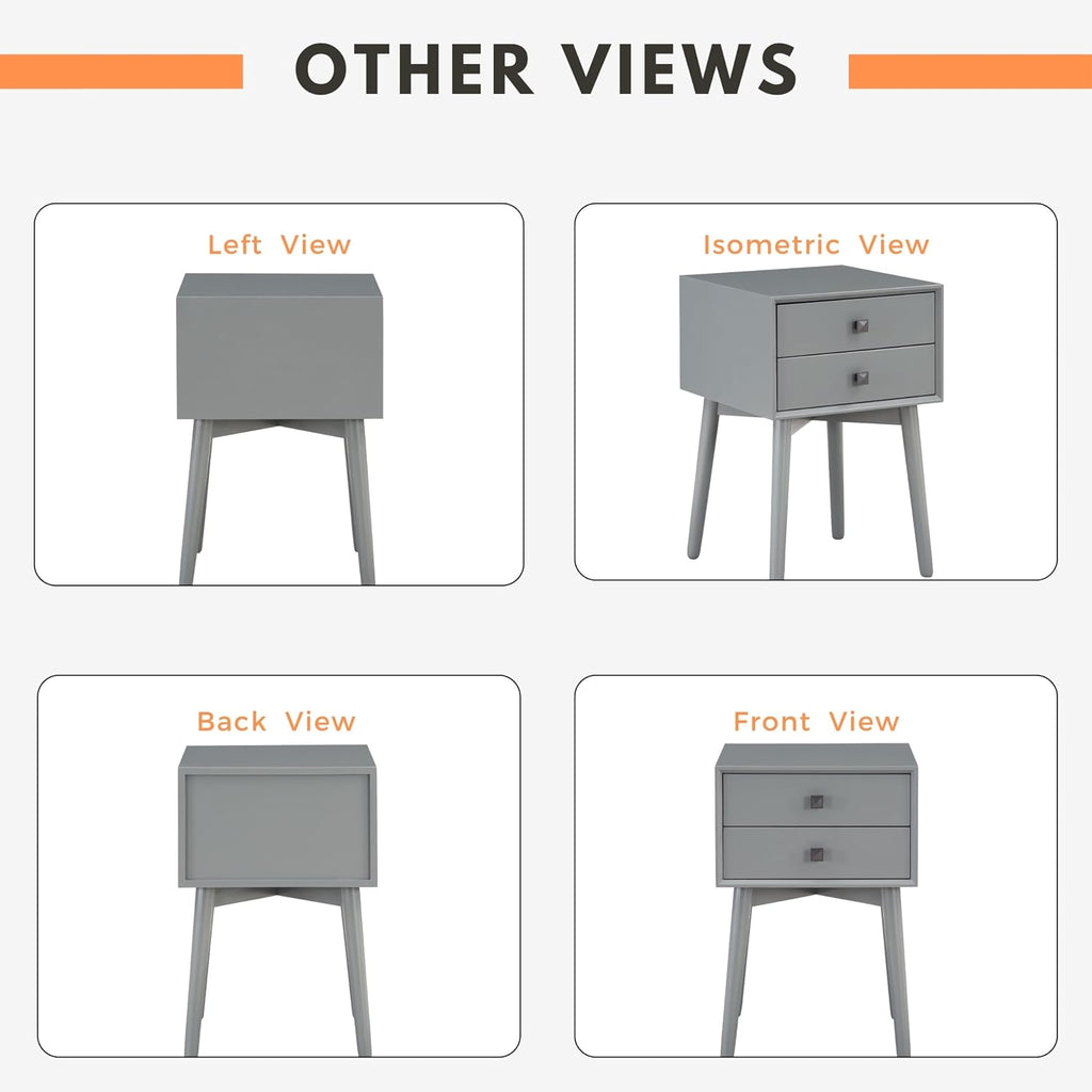24/7 Shop at Home Goerge Mid-Century Modern Nightstand, Solid Rubber Wood Dresser, Small Bedside Tables with 2 Drawers, with Tapered Legs for Bedroom, Living Room, Home Office, Gray
