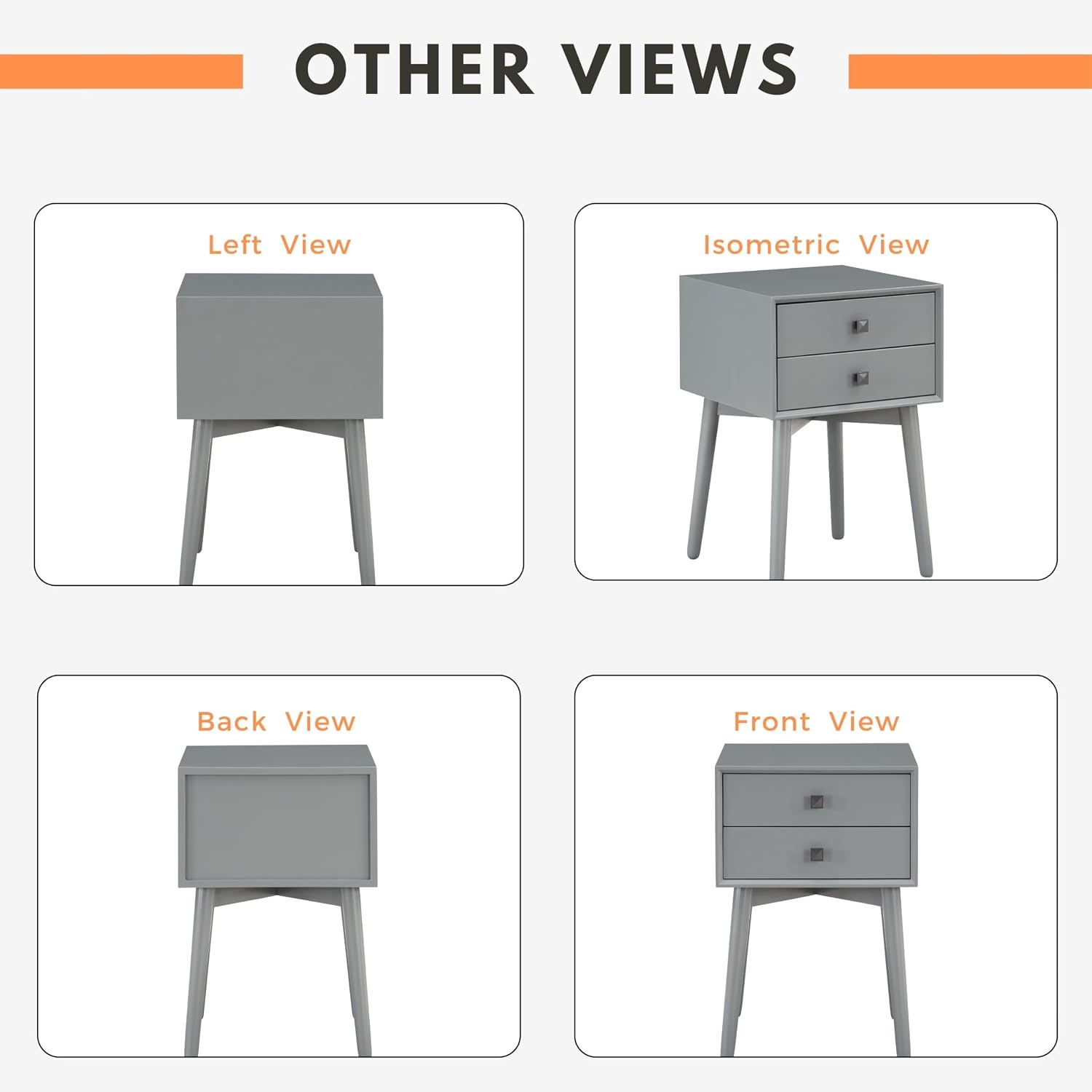 24/7 Shop at Home Goerge Mid-Century Modern Nightstand, Solid Rubber Wood Dresser, Small Bedside Tables with 2 Drawers, with Tapered Legs for Bedroom, Living Room, Home Office, Gray