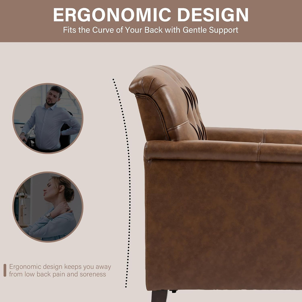 Lumibee Faux Leather Accent Chairs Set of 4, Upholstered Armchairs with Nailhead Trims & Wood Legs for Living Room, Bedroom, Contemporary Comfy Club Chairs for Office-Brown