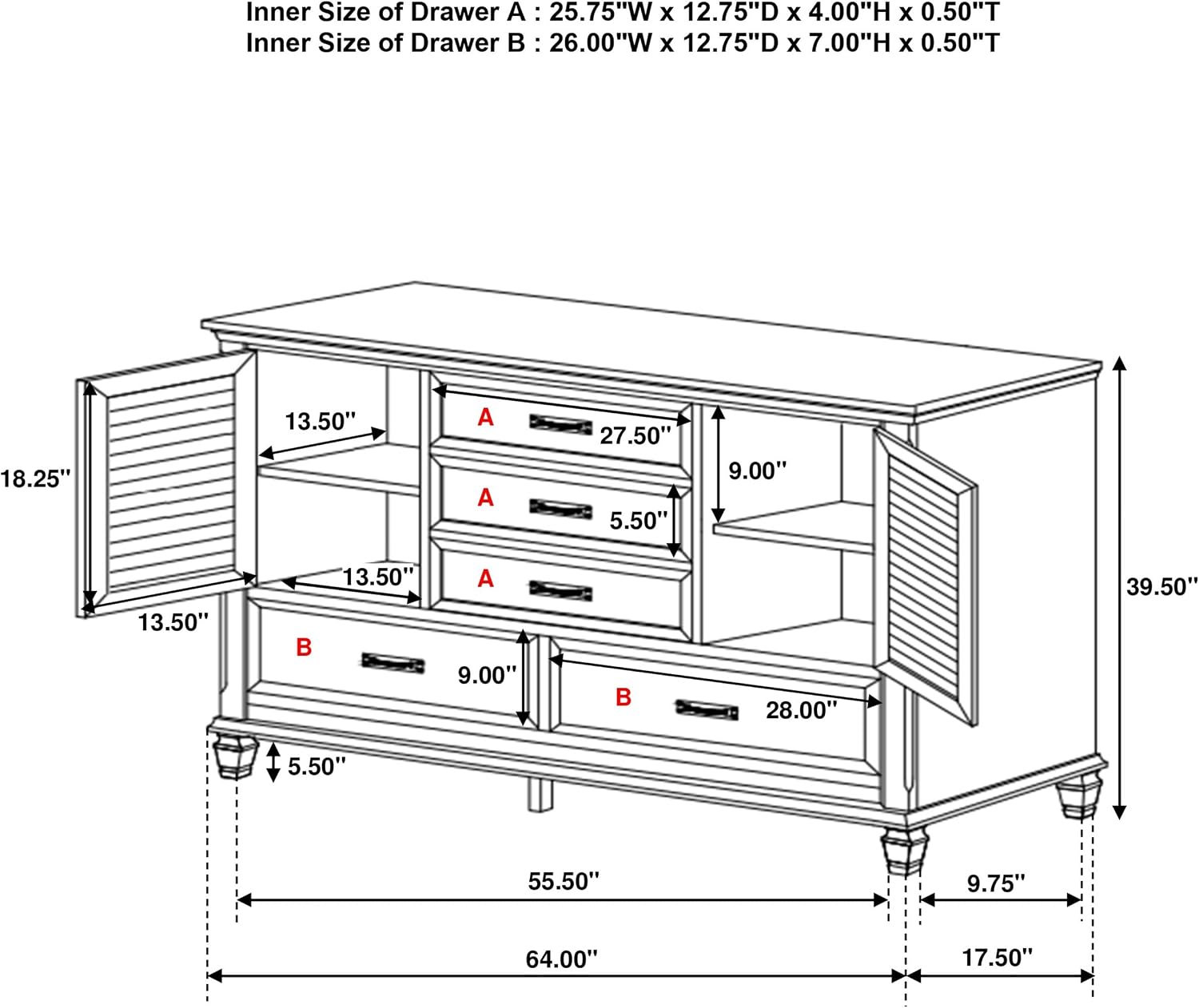 Coaster Home Furnishings - Franco - Wood - 5-Drawer Dresser with Farmhouse Style, Soft-Closing Glides, Two Side Cabinets, Pull Handles, Turned Legs - Bedroom - Distressed White - 205333