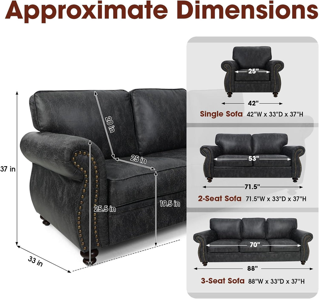 Couchus Living Room Furniture Sets,Sofa Sets and Couch Sets for Living Room,Mid-Century Vintage Sofa Couches with Rivet Design (Grey, 2 Loveseat+3 Seater)