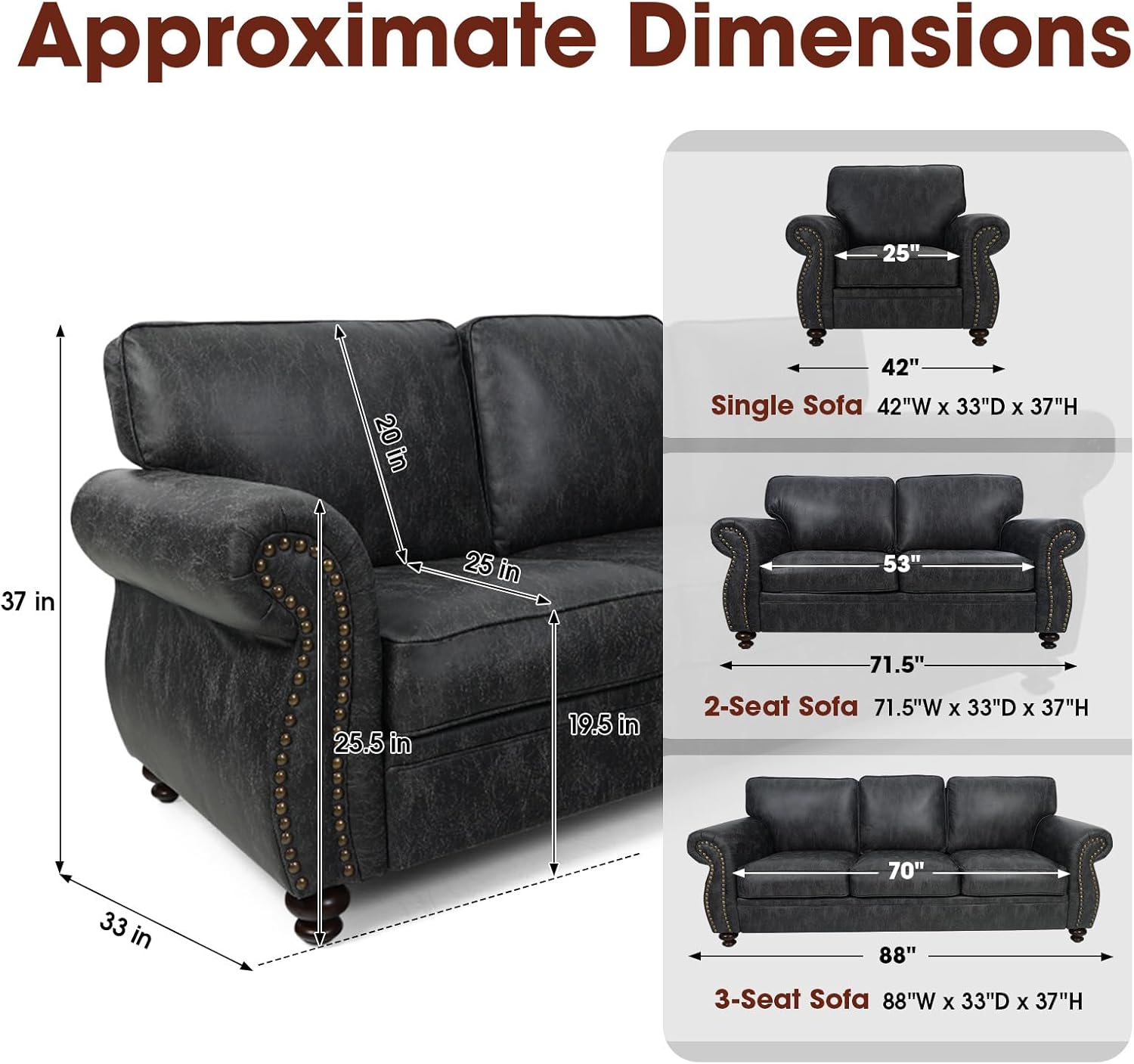 Couchus Living Room Furniture Sets,Sofa Sets and Couch Sets for Living Room,Mid-Century Vintage Sofa Couches with Rivet Design (Grey, 2 Loveseat+3 Seater)