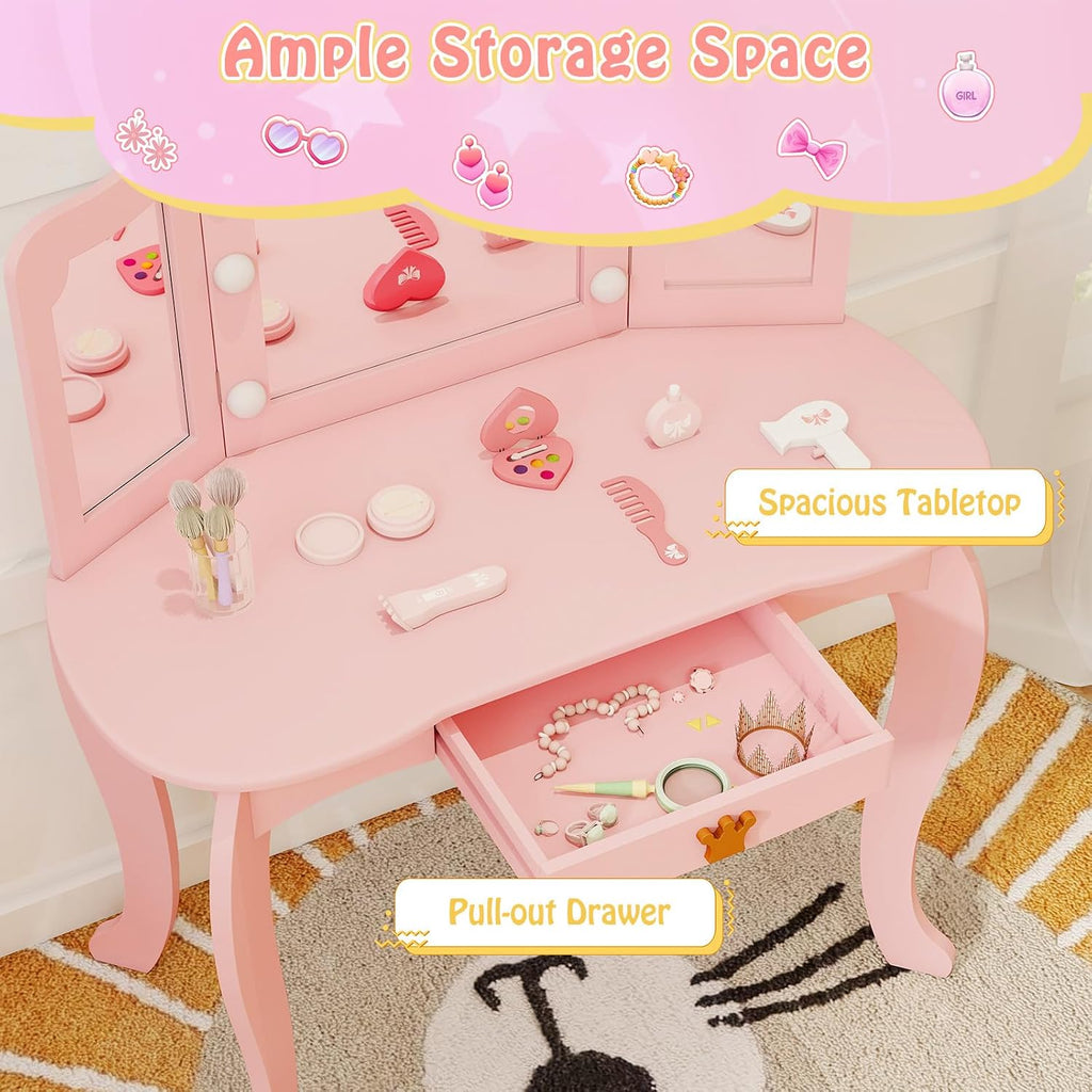 HONEY JOY Kids Vanity with Lights, Crown Girls Vanity Set with Mirror and Stool and Lights, Toddler Vanity, Wooden Makeup Table for Little Girls, Pretend Play Kids Vanity Table and Chair Set(Pink)