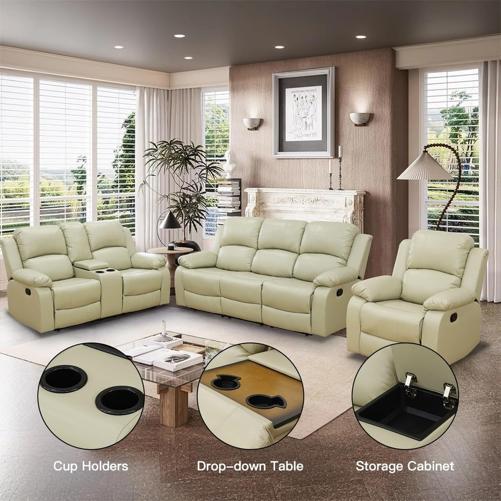 Manual Reclining Couch Sofa Set with Drop-Down Table, 3 Pieces Beige Leather Recliner Couch Sets, Living Room Furniture Sets, Recliner Sofa with Storage Console/Cup Holder for Home/Apartment