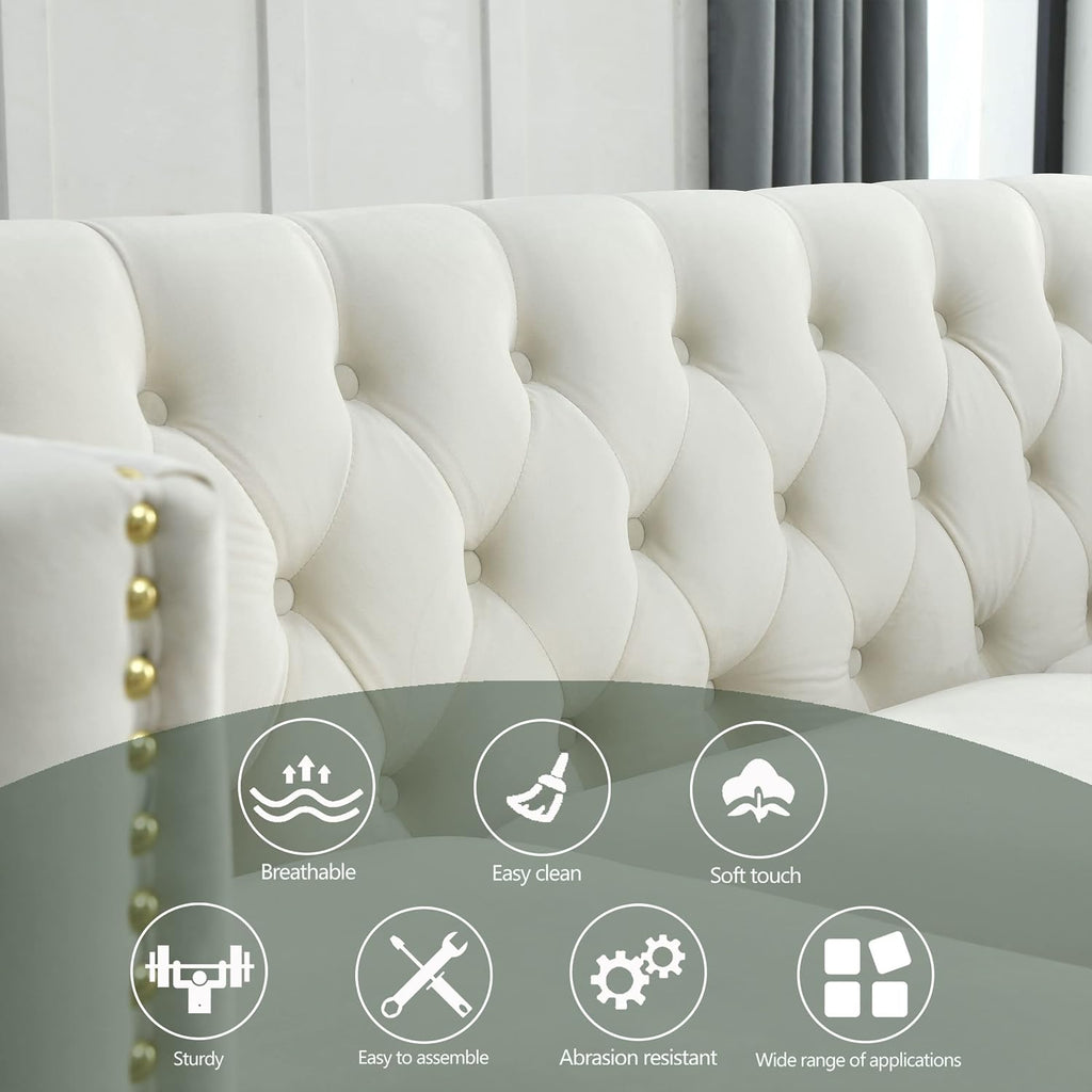 KEIKI 3 Seat Tufted Velvet Sofa Couch for Living Room, Buttons Tufted Square Arm Couch for Home Apartment, Beige