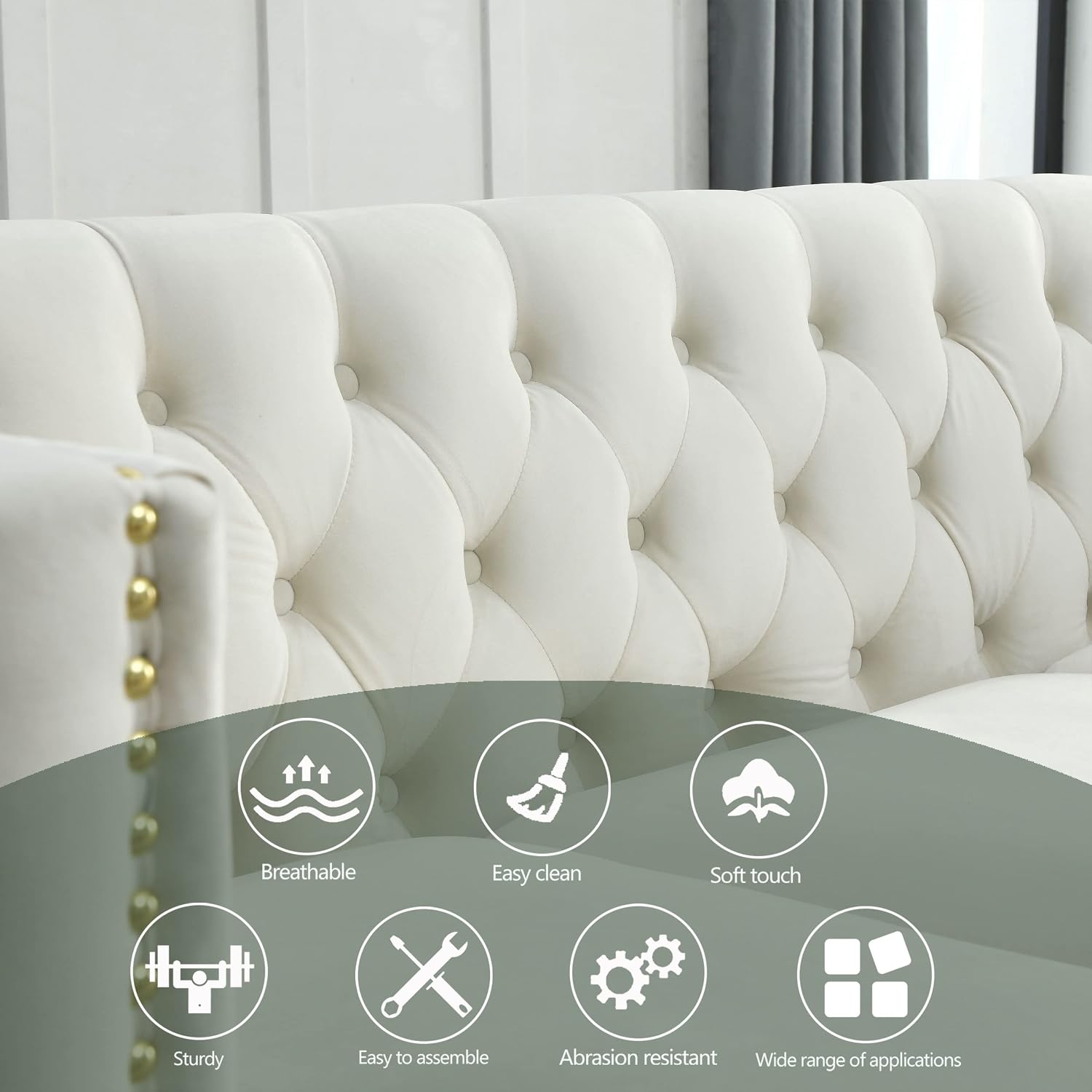 KEIKI 3 Seat Tufted Velvet Sofa Couch for Living Room, Buttons Tufted Square Arm Couch for Home Apartment, Beige