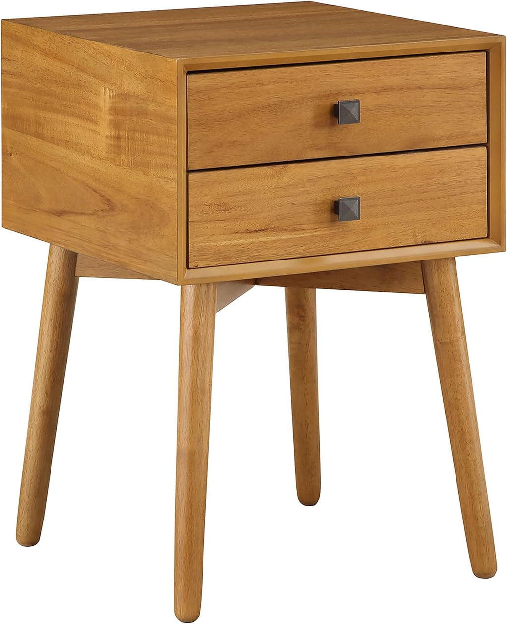 24/7 Shop at Home Goerge Mid-Century Modern Nightstand, Solid Rubber Wood Dresser, Small Bedside Tables with 2 Drawers, with Tapered Legs for Bedroom, Living Room, Home Office, Light Oak Brown