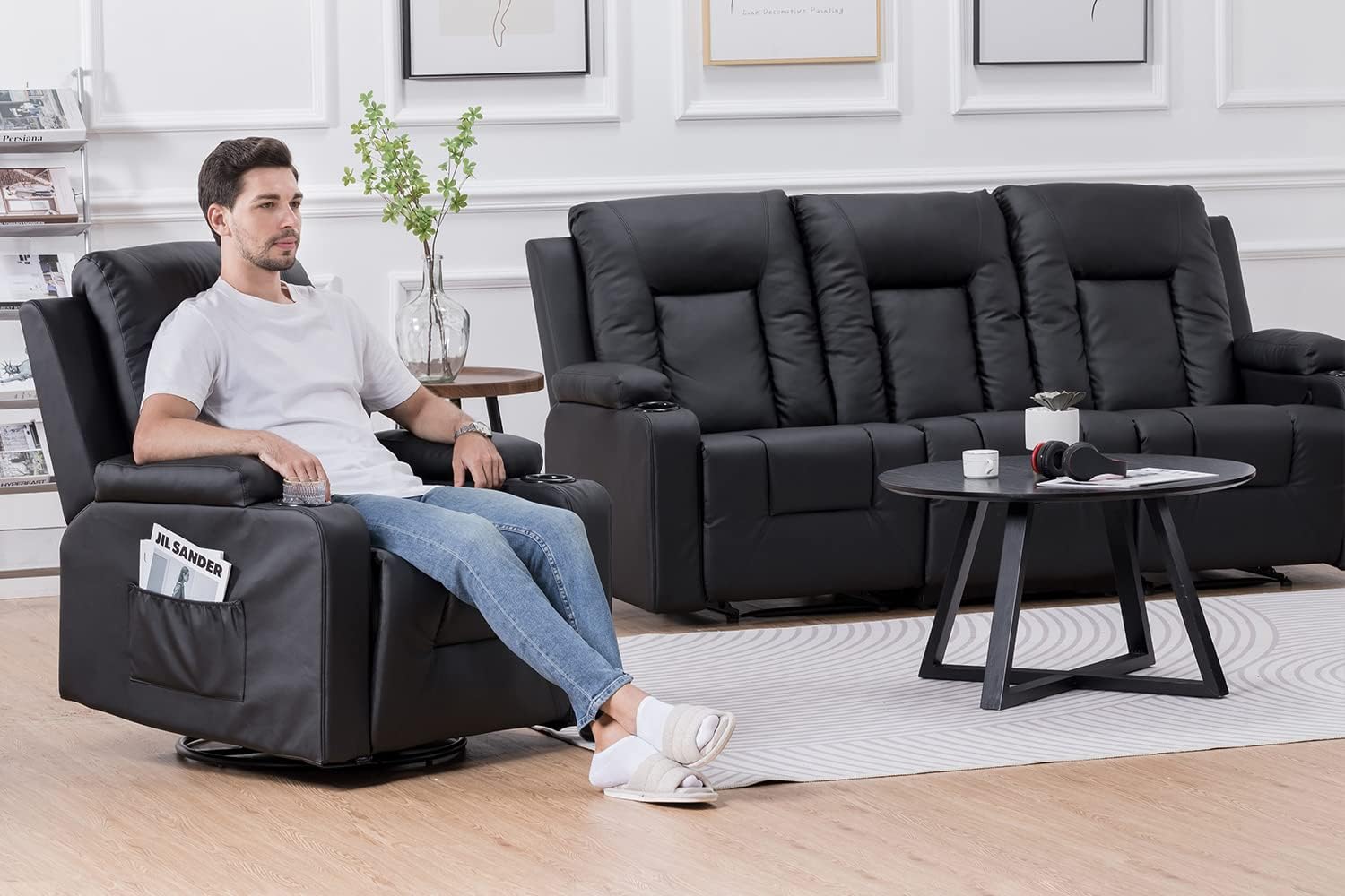 COMHOMA Recliner Chair Set, Leather Recliner Living Room Furniture Sets, Recliner Sofa Loveseat (Black,Living Room Set 3+1)
