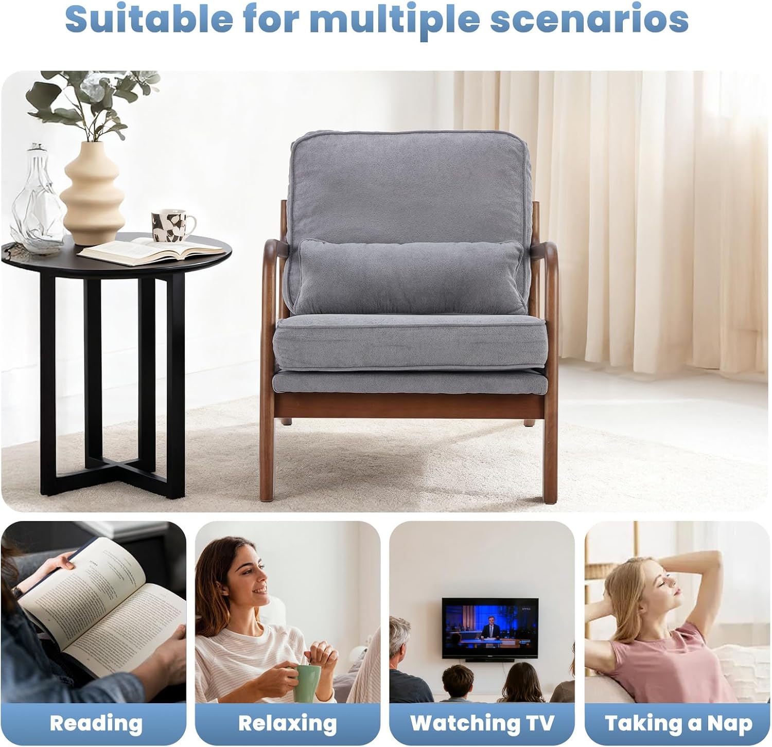 DUMOS Mid Century Modern Chair Set of 2, Accent Chair with Arms and Waist Cushion, Reading Chairs for Adults, Lounge Chair for Living Room and Bedroom, Solid Wooden Frame, Grey