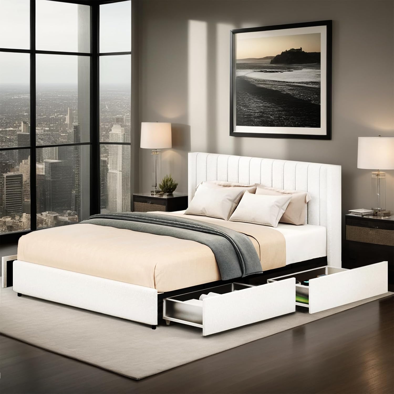 Queen Storage Bed Frame with 4 Patented Drawers - Luxury Ivory Boucle Upholstered Platform Bed, Vertical Channel Tufted Headboard, 1000lbs Heavy Duty, No Box Spring Needed