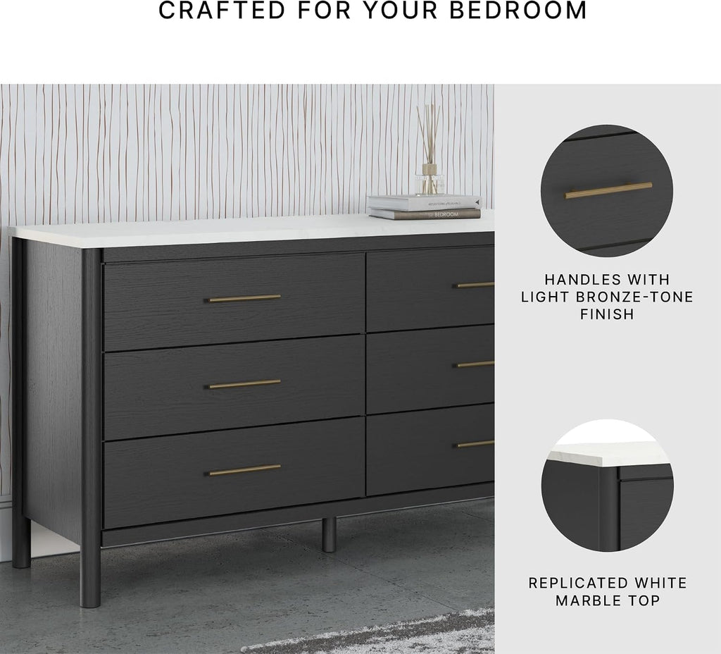 Signature Design by Ashley Cadmori 6 Drawer Dresser, Black Dresser for Bedroom, Matte Black & Replicated White Marble Top, 64' Wide, Engineered Wood Construction, Minor Assembly Required
