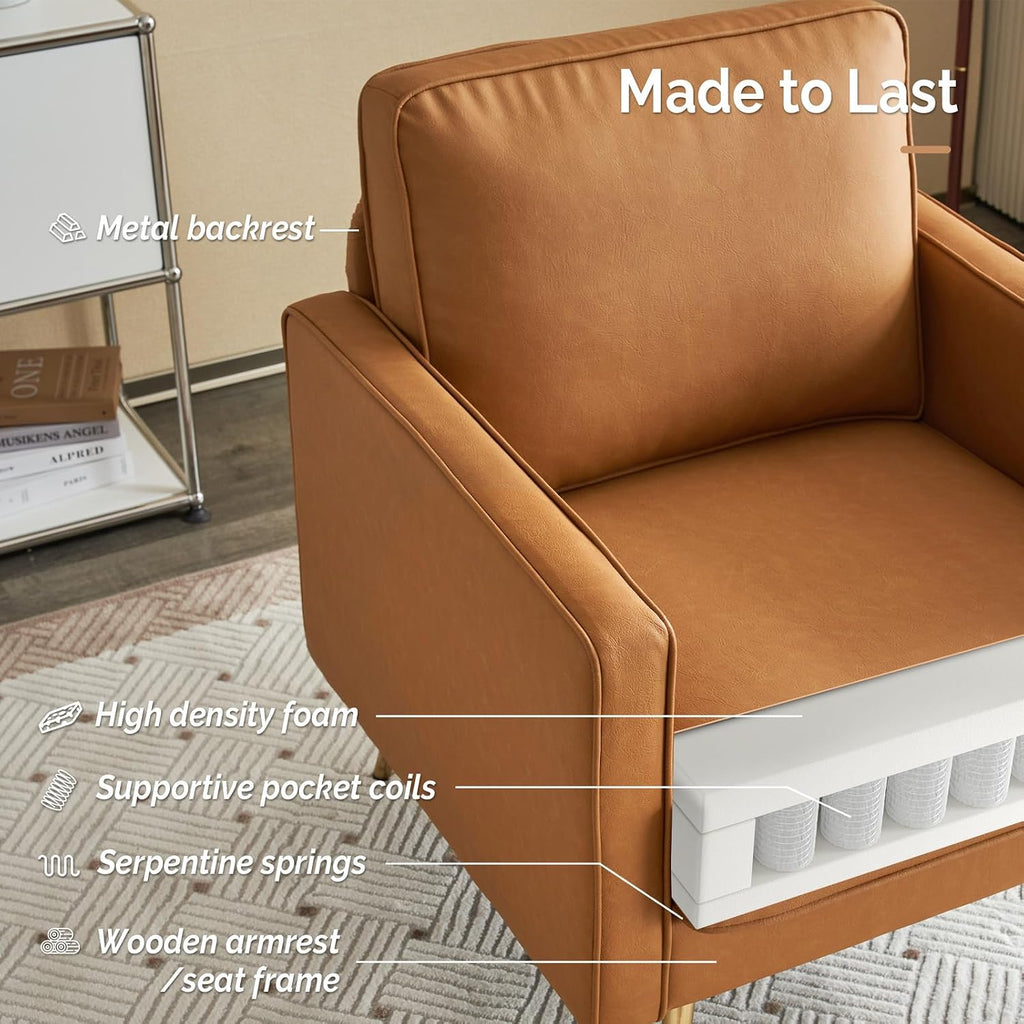 VINGLI Modern PU Leather Accent Chair, Single Sofa Chair with Pocket Coil Seat, Metal Backrest & Solid Wood Frame, Upholstered Armchair for Living Room, Bedroom or Office