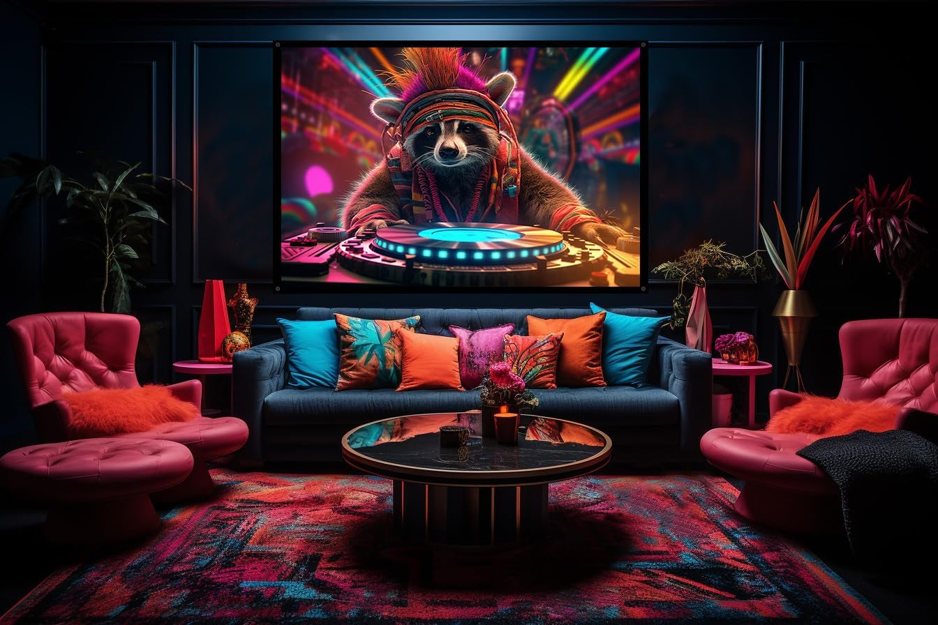 Cyberpunk Racoon DJ, UV tapestry, Blacklight Reactive Wall Hanging, Neon Backdrop, Party Decor, Psychedelic Tapestry, Visionary Wall Art (Large)