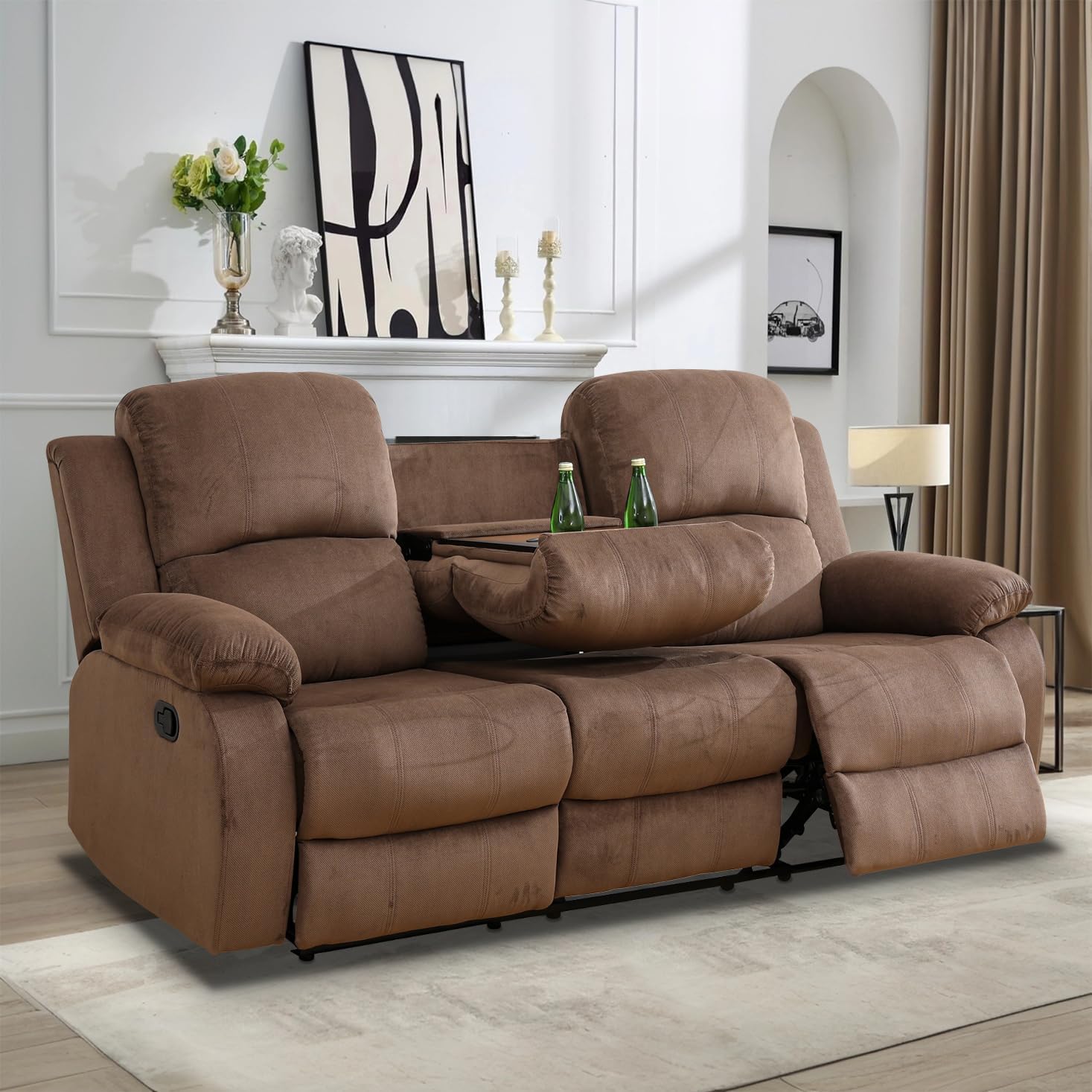 Living Room Furniture Set, Manual Reclining Sofa Set, Brown Corduroy Recliner Couch Sets with Drop-Down Table, Recliner Sofa with Storage Console/Cup Holder for Living Room/Apartment