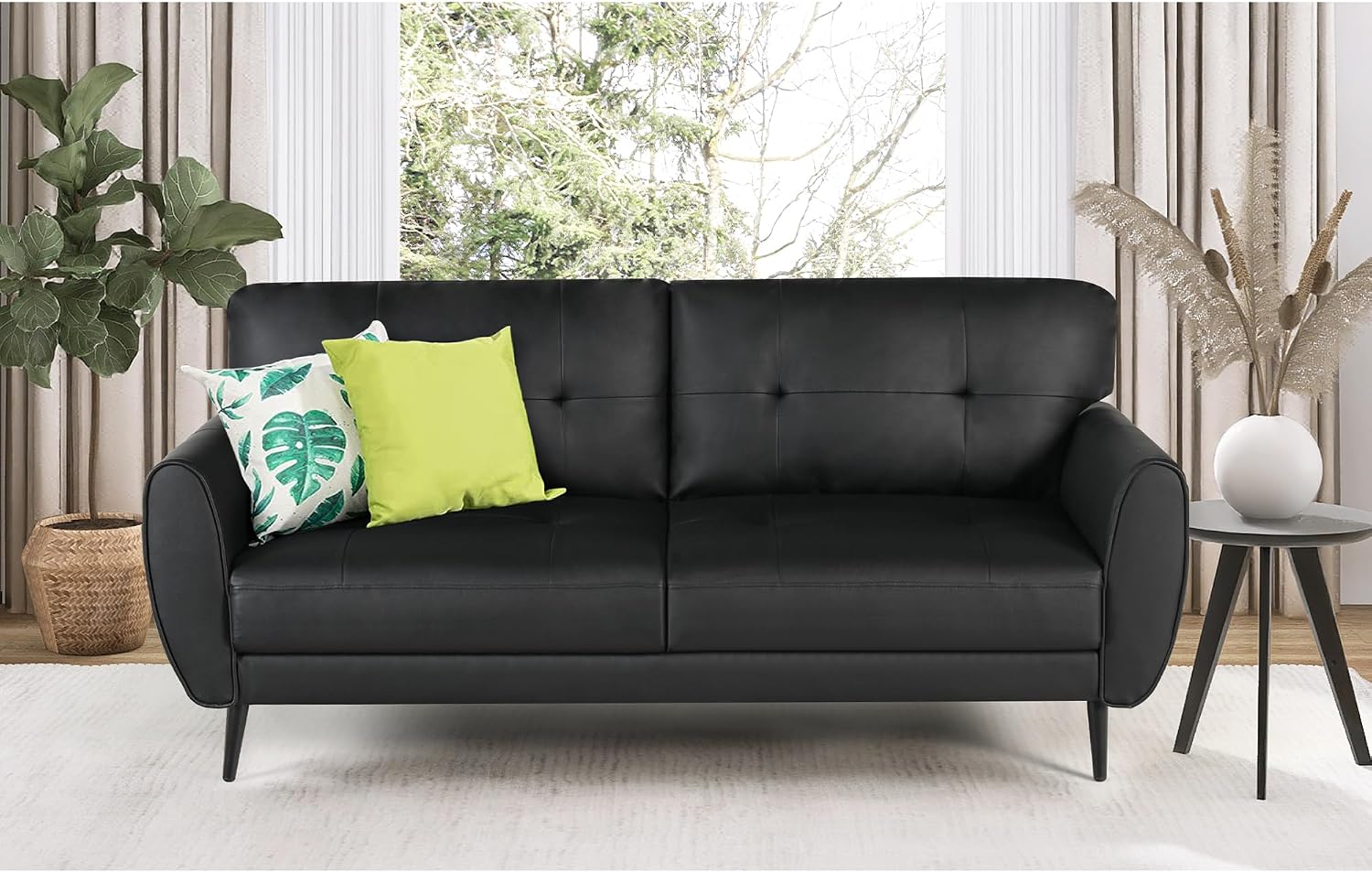 60' Loveseat Sofa for Living Room, Mid Century Mini Black Couch, Tufted Leather Love Seat Furniture, Comfy Office 2 Seat, Small Couches for Small Spaces, Bedroom, Apartment