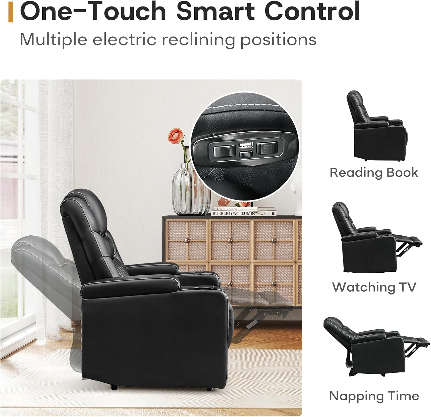 ANJ Power Recliner Chair with USB Port, Electric PU Leather Home Theater Seating for Living Room, Movie Reclining Chairs with Blue Ambient Lighting, Hidden Arm Storage, Cup Holders (Black)