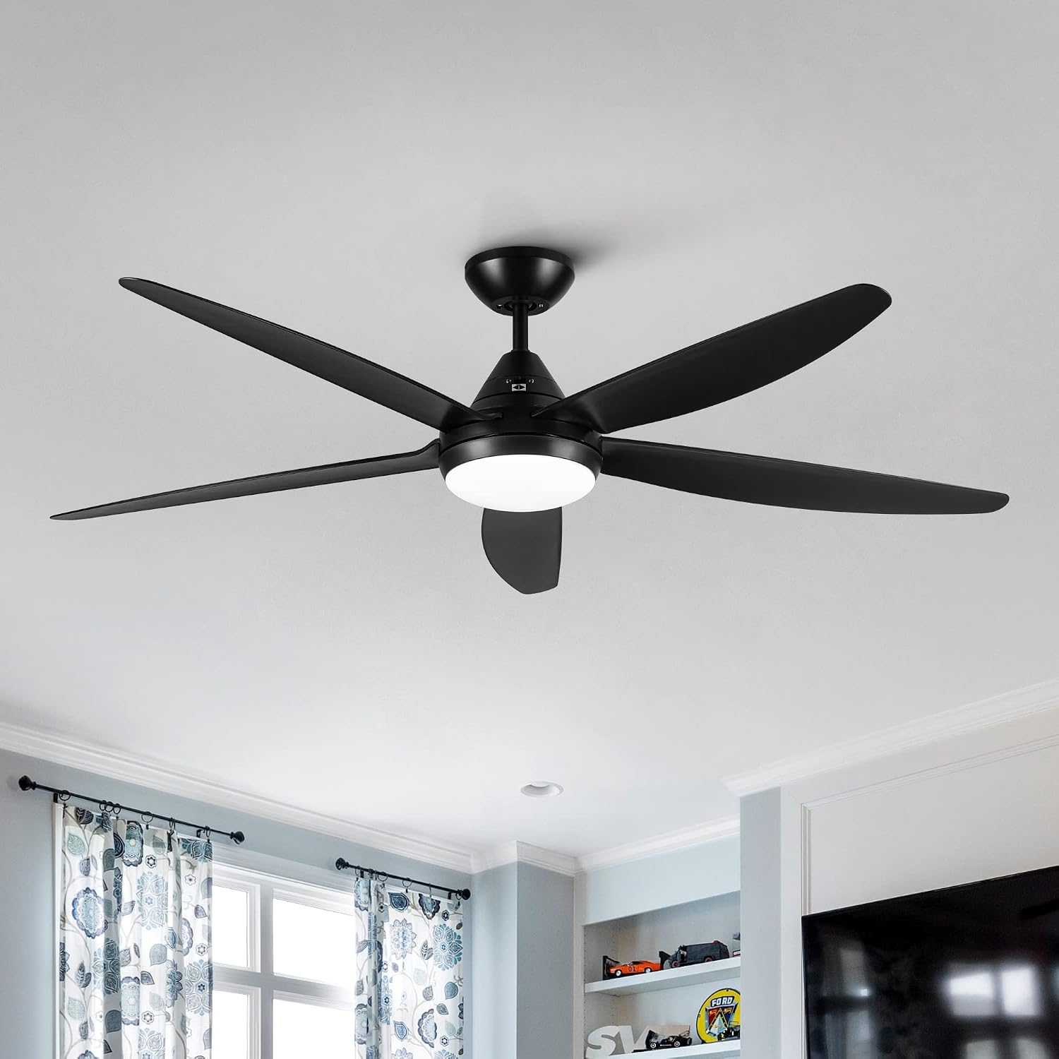 LED Black Ceiling Fan with Light And Remote,56 Inch, Black ABS Blade,For Indoor Outdoor Modern Flush Mount Ceiling Fan