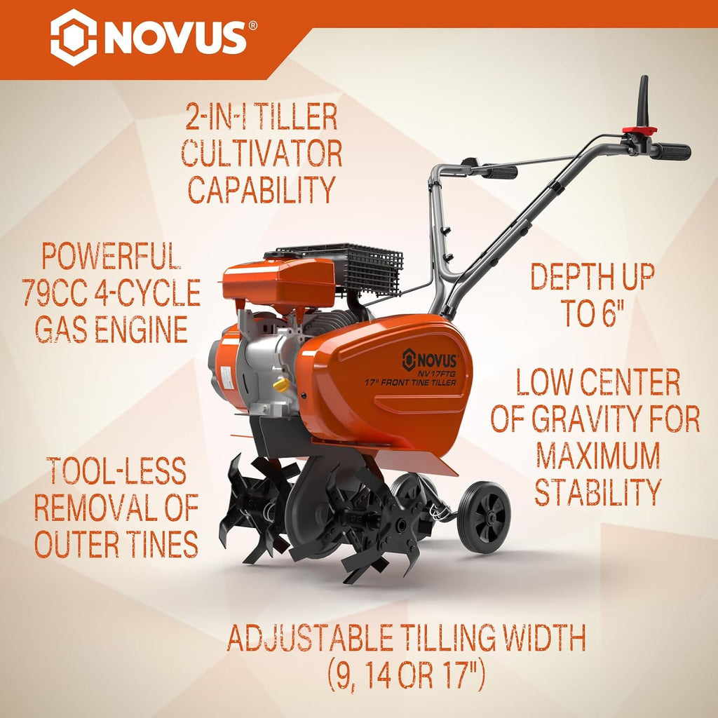 NOVUS 2-in-1 Gas Tiller for Gardening, 4-Cycle Front Tine Tiller Cultivator,9'-17' Tool-Free Tilling Width Adjustment, 24 Steel Tines, Never-Flat Wheels, 79CC Garden Tiller for Lawn, Soil Cultivation