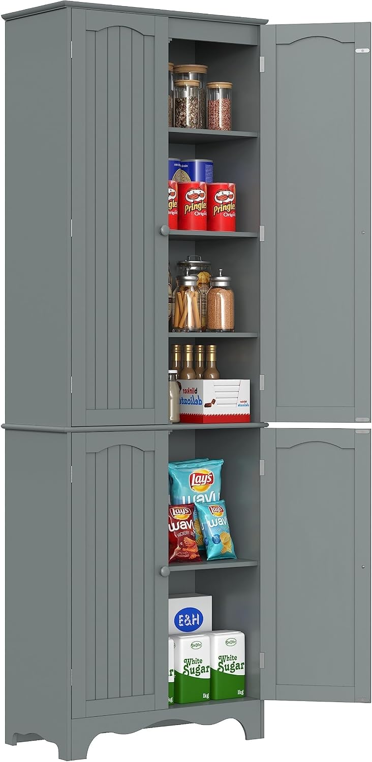 Function Home Tall Pantry Cabinet, Freestanding Storage Cabinet, Wooden Kitchen Pantry with 4 Doors and 5 Shelves, 72' Floor Cabinet Organizer for Kitchen Living Room Bathroom, Grey