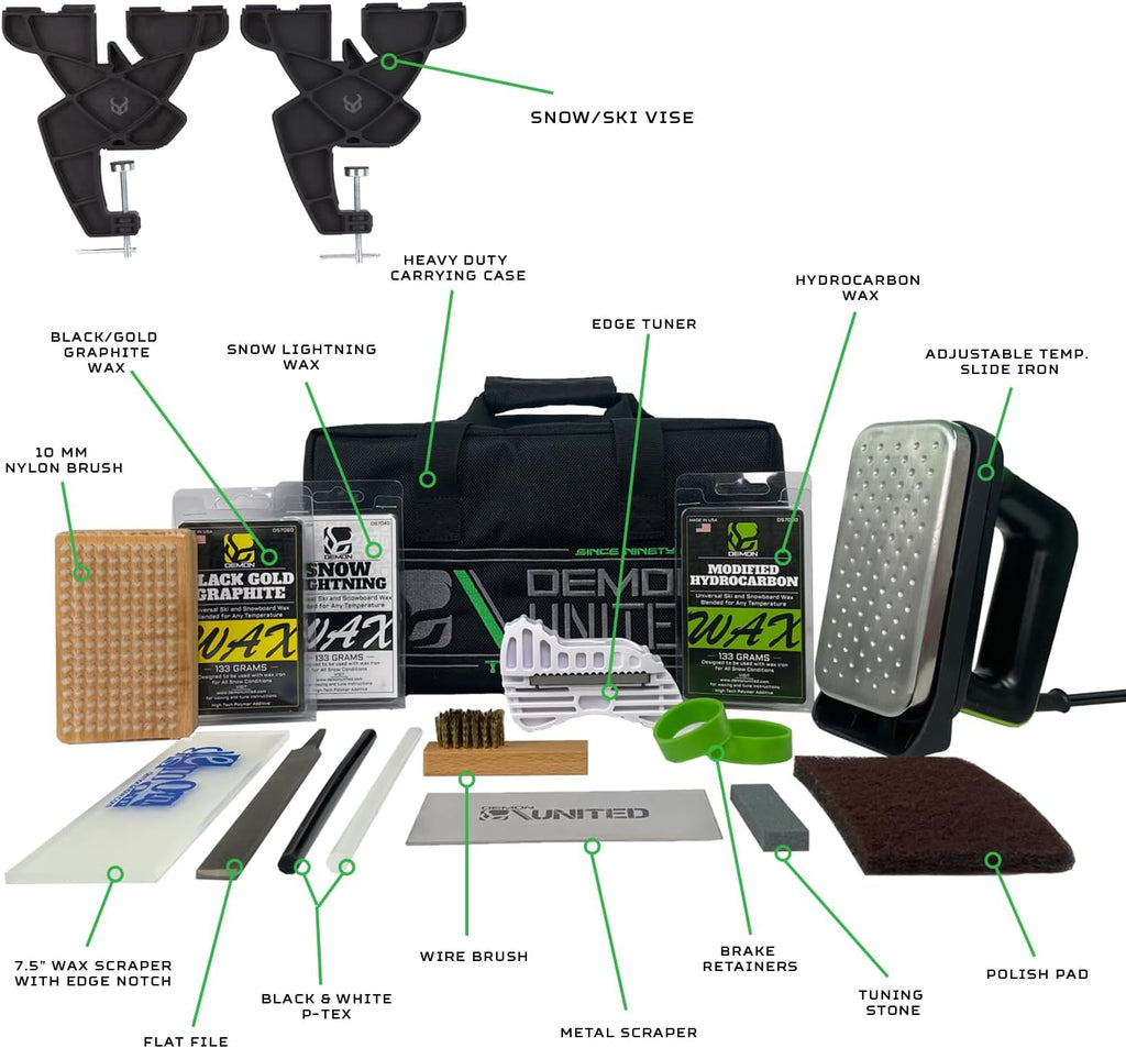 Demon Podium Delux Ski Snowboard Tune Kit w/Iron, Premium Universal Wax Kit 399 Grams, Vise, Waxing Apron & Base Cleaner