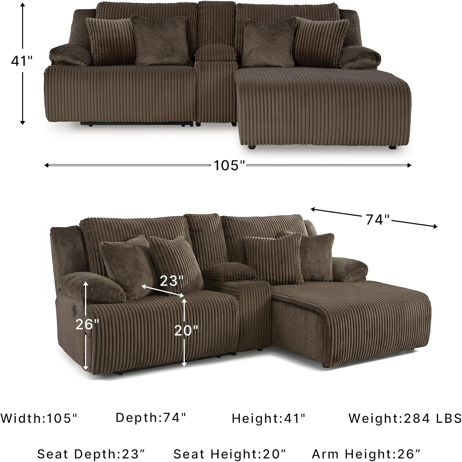 Signature Design by Ashley Top Tier Contemporary L-Shaped 3-Piece Reclining Sectional Sofa with Chaise, Console Storage and 4 Accent Pillows, Dark Brown