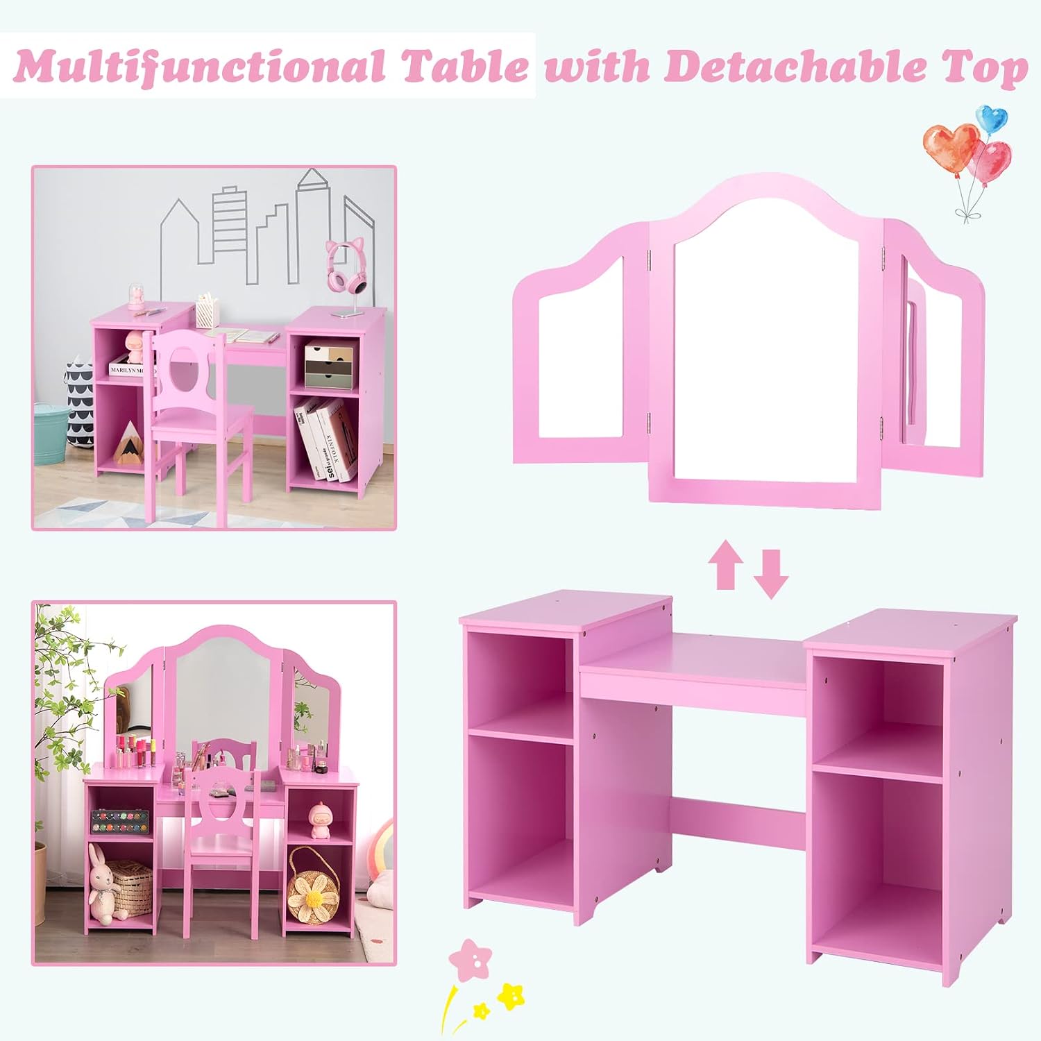 AKUSTIK Kids Vanity, 2 in 1 Pink Wooden Dressing Table and Chair Set for Toddlers with Tri-Folding Detachable Mirror, Storage Shelves, Pretend Princess Beauty Make Up Play Set for Little Girls