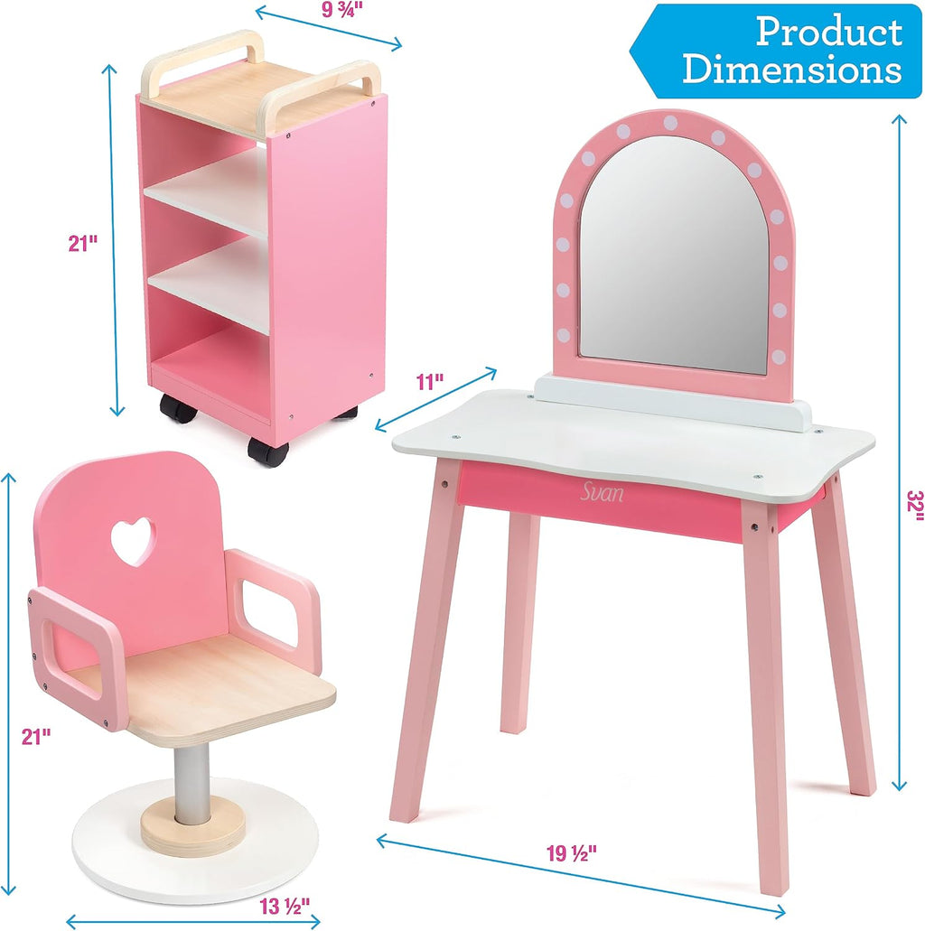 Pretend Hair Salon Wooden Play Set- Full Vanity Mirror with Chair & Rolling Cart- Playset Includes Blow Dryer, Brush, Styling Cutting Tools- Girls Hair Dresser Stand Center, Stylist Fun, Gift for Kids