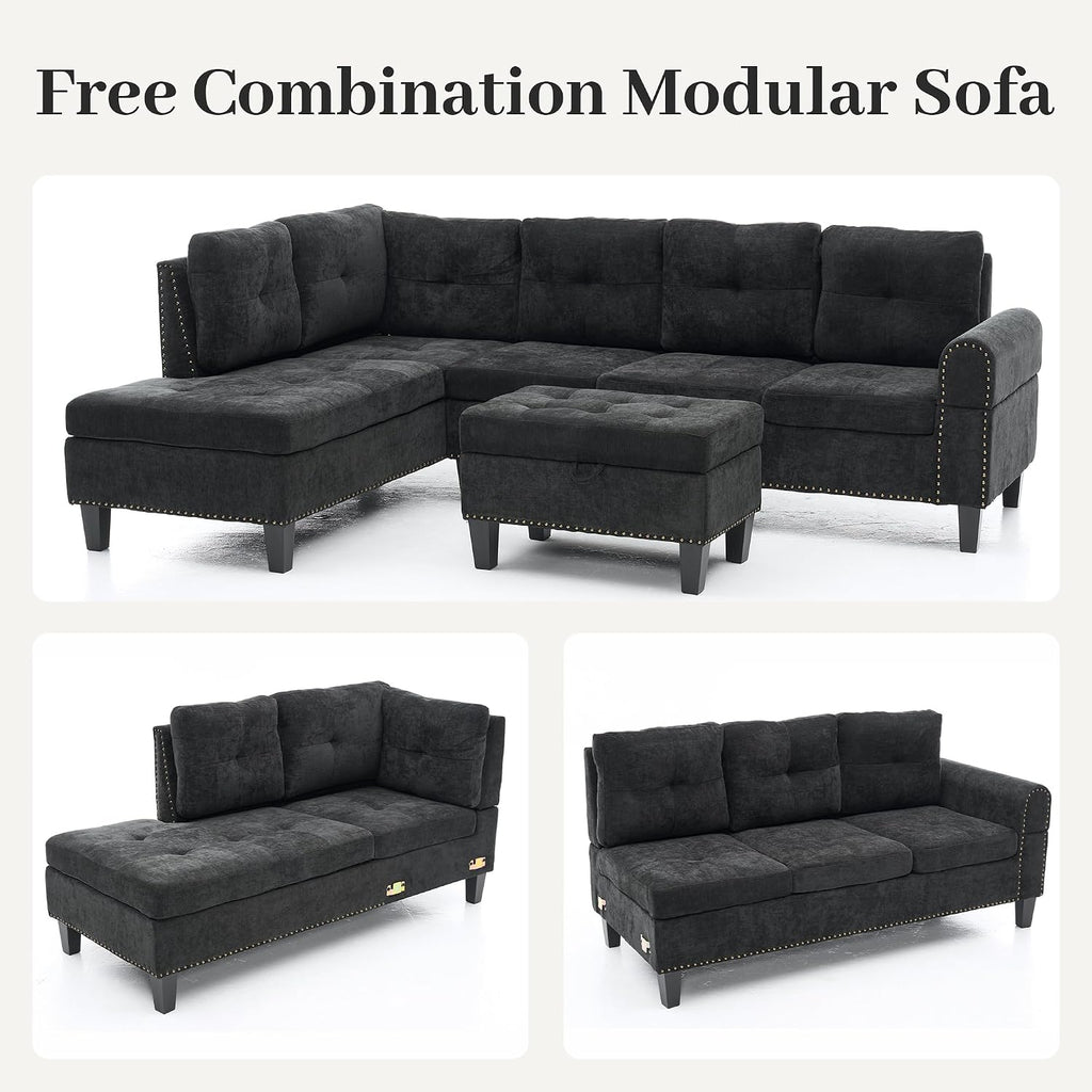 L Shaped Couches for Living Room, Sectional Couch Living Room Furniture with Storage Ottoman, Modular Sectional Sofa with Movable Chaise for Apartment Office, Black Grey