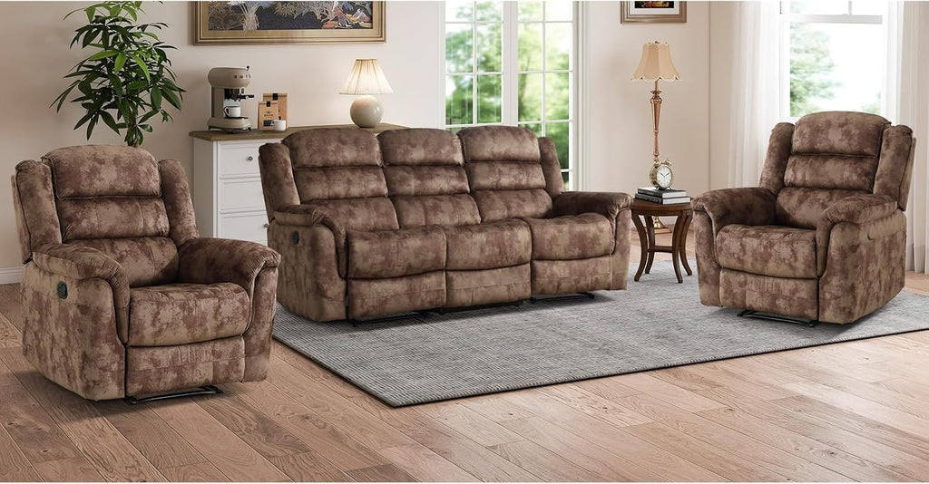 EBELLO 3 Pieces Reclining Living Room Set, Soft Fabric Manual Recliner Sofa Furniture Set, Includes 2 Overstuffed Recliner Chairs and one 3 Seat Sofa, Brown