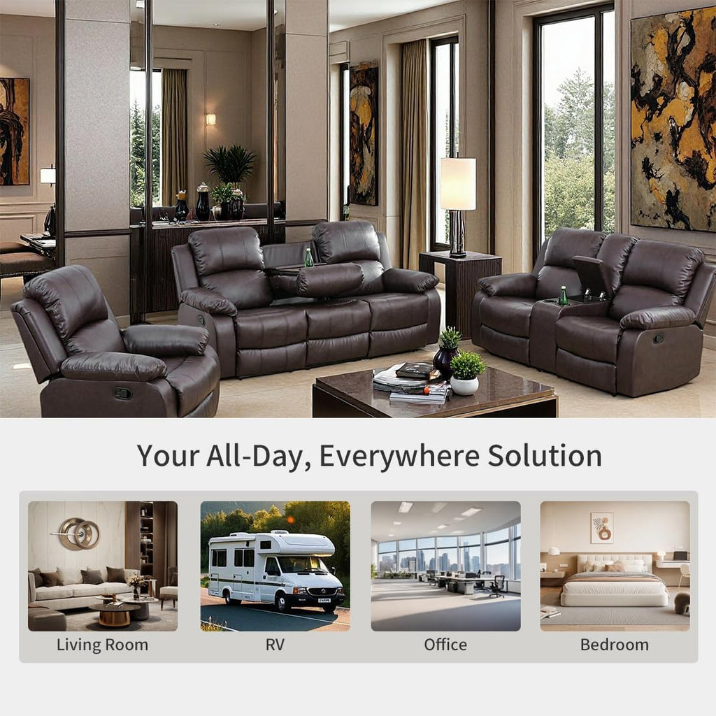 Manual Recliner Loveseat Set, Living Room Furniture Sets, 2 Seater Modern Reclining Couches, Brown Leather Reclining Couch Sets with Storage Console/Cup Holder for Living Room/Apartment