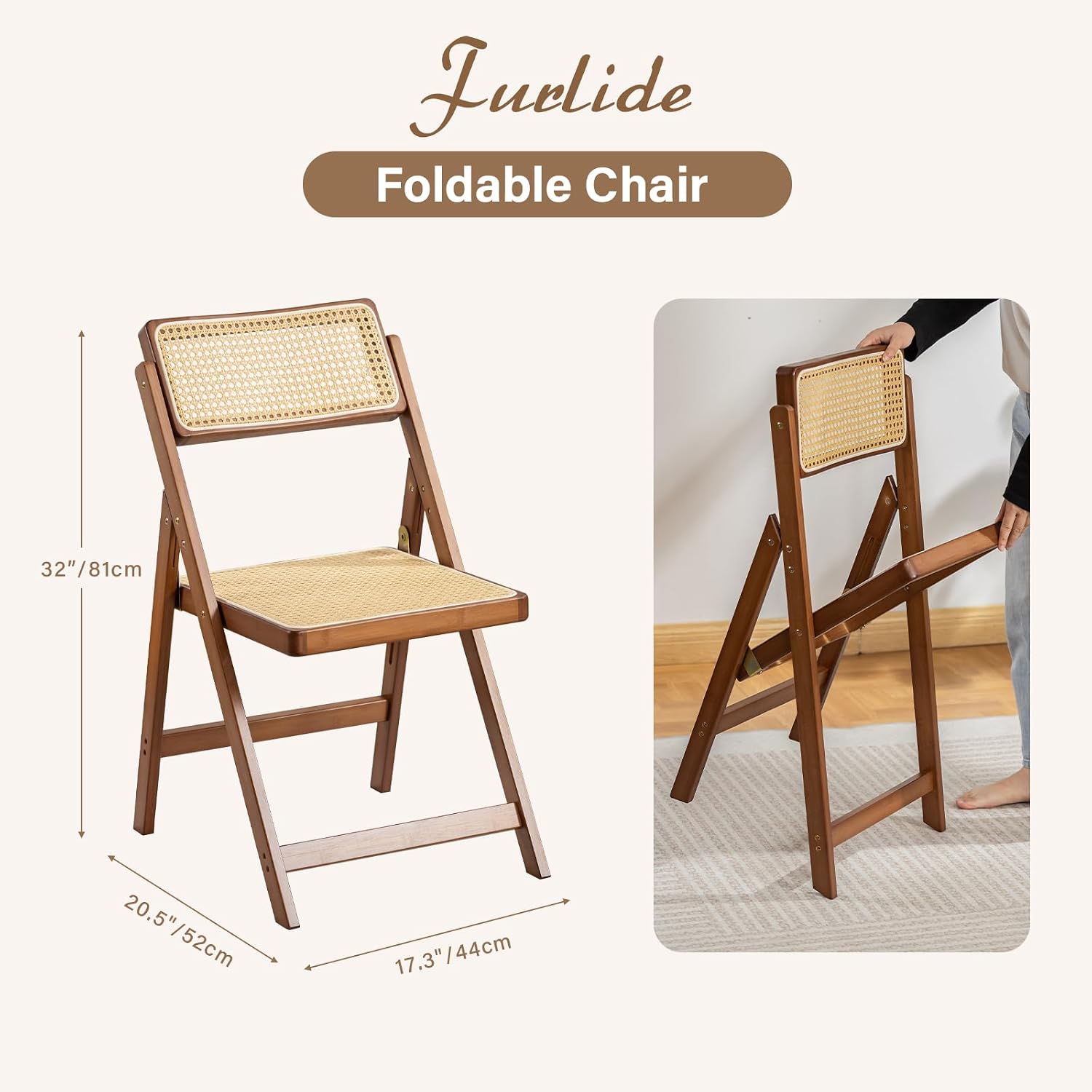 Furlide Rattan Folding Chairs, Modern Mid Century Dining Chairs Set of 2, Outdoor Bamboo Chairs for Bedroom Living Room Reading Room Dining Kitchen, Walnut