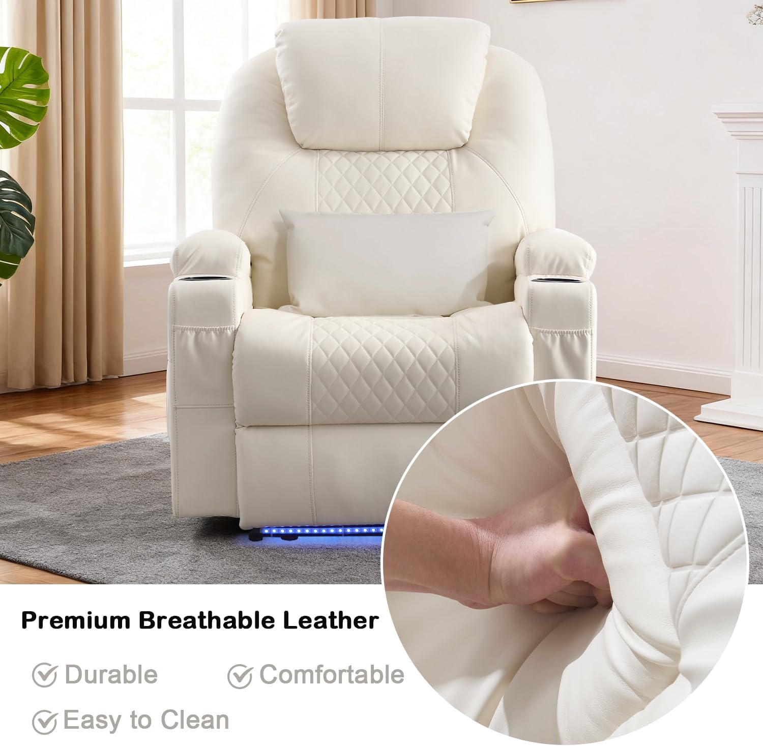 Power Recliner Chair with Heat and Massage for Adults - Home Theater Seating with LED Lights,Cup Holders,Side Pocket,USB Port - Recliner Sofa for Living Room (Beige, Set of 2)