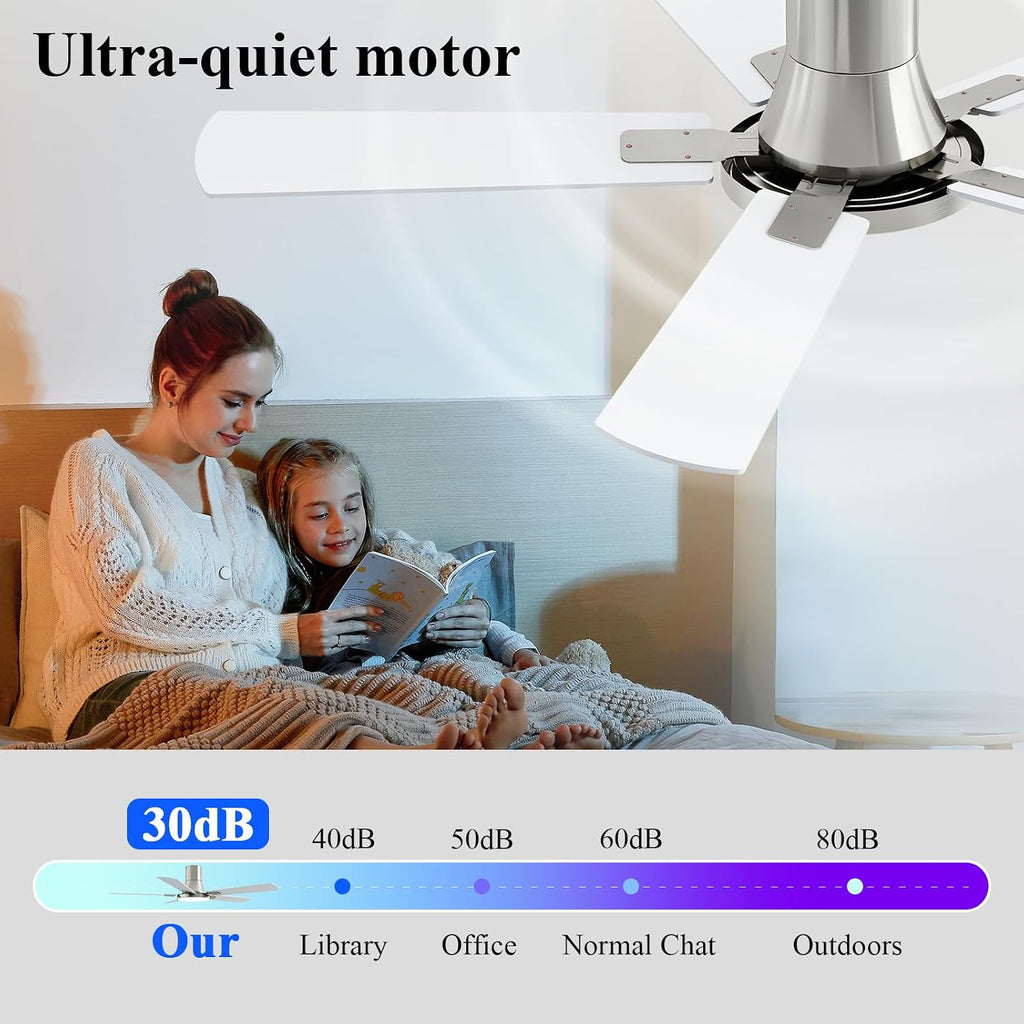 SNJ 52 Inch Brushed Nickel Ceiling Fans with Lights and Remote,Flush Mount Low Profile 5 Blades Ceiling Fan,Dimmable Quiet Reversible DC Motor for,Living Room,Bedroom and Patio