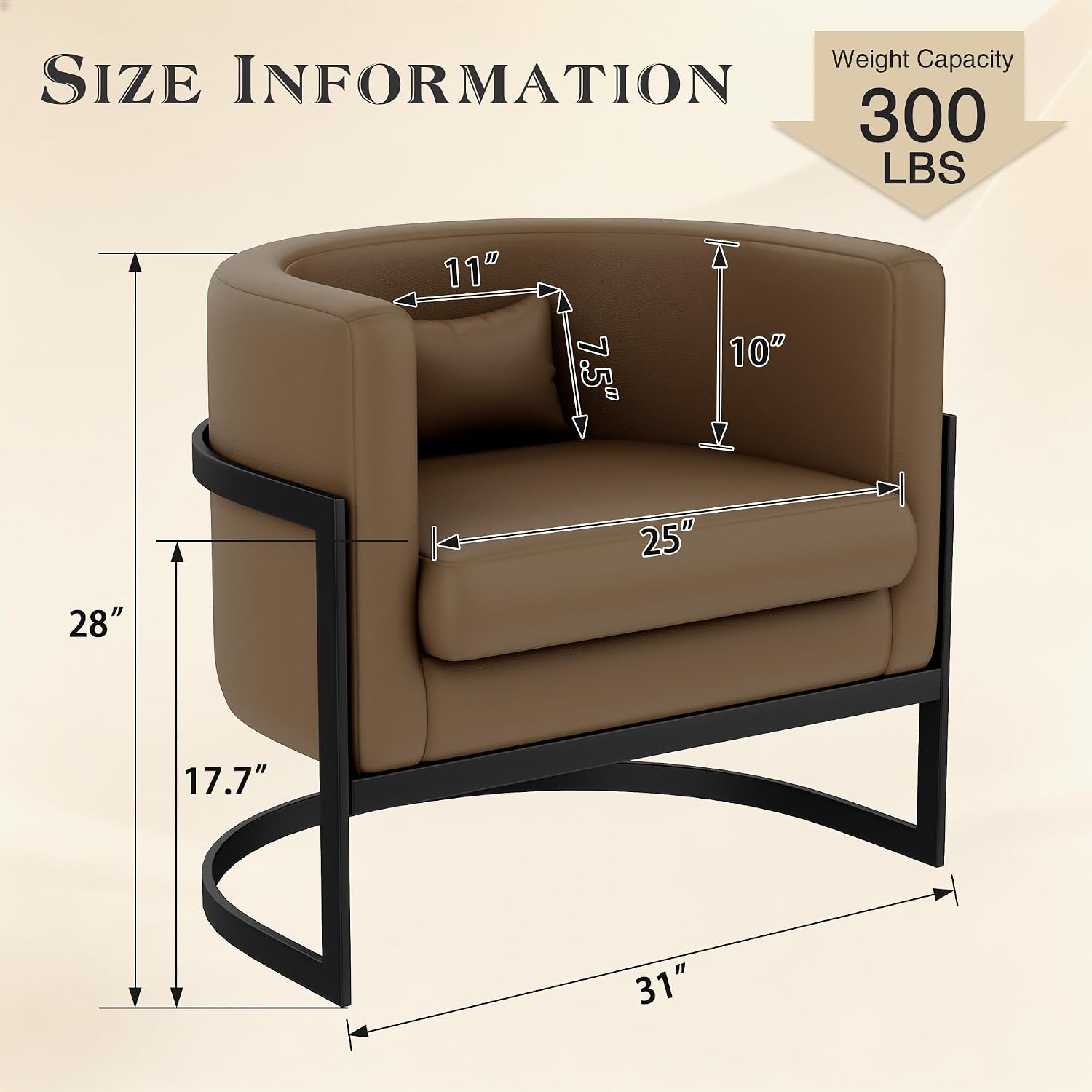 Faux Leather Accent Chair Modern Barrel Chair with Sturdy Metal Legs Upholstered Armchair for Bedroom Living Room Sofa Chair Club Side Chairs Brown