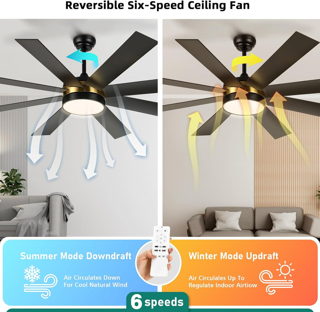 YITAHOME 60 Inch Black Gold Ceiling Fan with Lights and Remote,8 Blades,App Control, Modern Smart Ceiling Fan Compatible with Alexa for Indoor, Reversible Quiet Motor, Memory Function