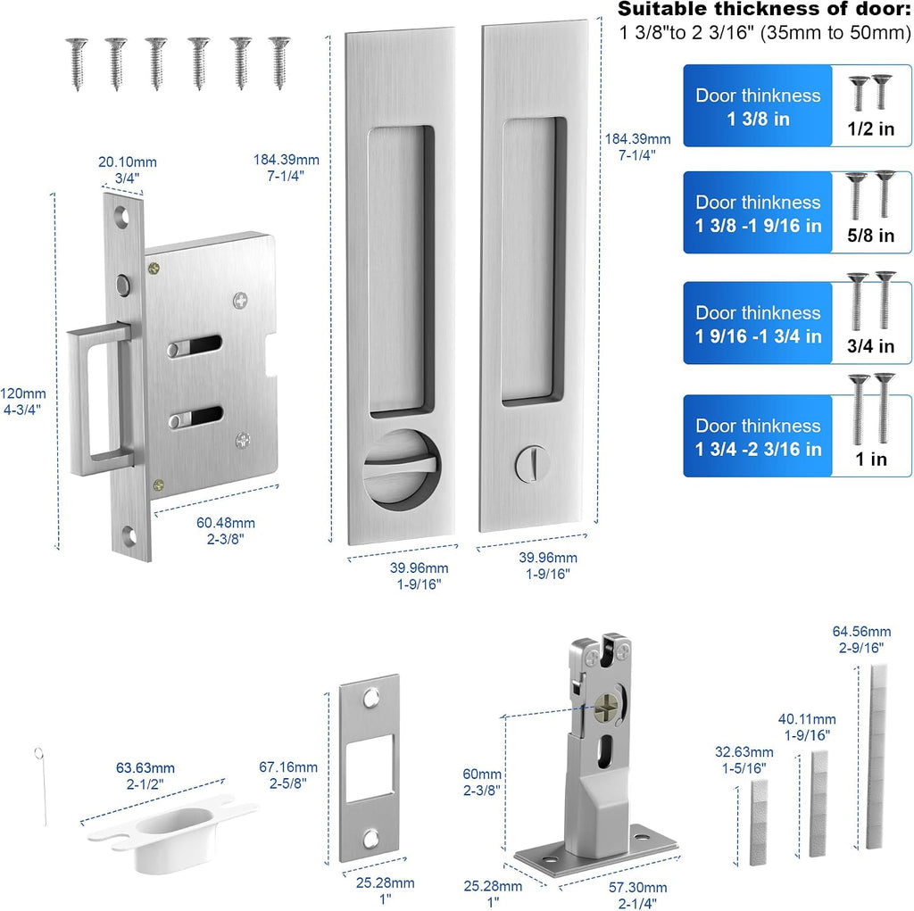 Dontay Pocket Door Handle and Edge Pull, Narrow Modern Rectangular Keyed Entry Function, Recessed Sliding Door Hardware for 1 3/8' to 2 3/16' Thickness Door (Privacy Lock, Brushed Nickel, 2 Pack)