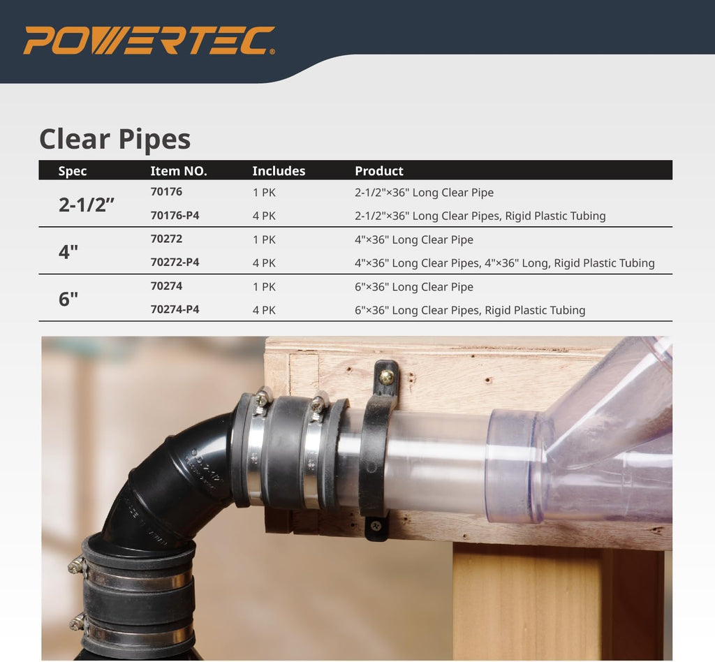 POWERTEC Clear PVC Pipe 6' x 36' Long, 4PK Rigid Plastic Tubing, Round Tube Compatible w/Dust Collection Fittings - Hose for Woodworking Tool, Dust Collection System or Cat Tree (70274-P4)