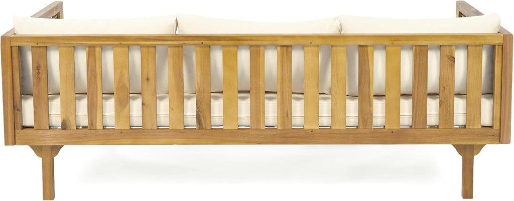 Christopher Knight Home Outdoor 3 Seater Acacia Wood Daybed with Fabric Water Resistant and Removable Cushions, Patio Garden Poolside Sofa with Wicker Armrest and Slat Paneling Back, Teak and Beige