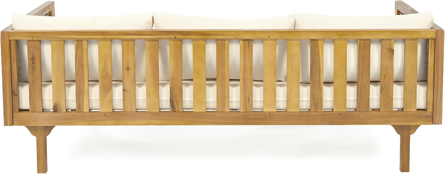 Christopher Knight Home Outdoor 3 Seater Acacia Wood Daybed with Fabric Water Resistant and Removable Cushions, Patio Garden Poolside Sofa with Wicker Armrest and Slat Paneling Back, Teak and Beige