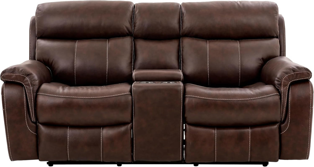 Furniture of America Corrals 77 inches Top Grain Leather Upholstered 2-Seater Power Recliner Loveseat with Cupholders and USB Port for Living Room, Home Office, Brown