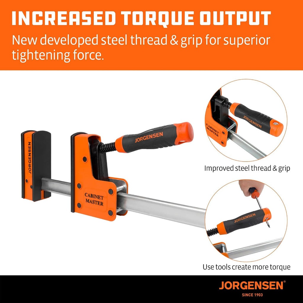 JORGENSEN 36-Inch Parallel Bar Clamp 2-Pack & 3-in-1 Support Block 4-Pack, Heavy-Duty Cabinet Master Clamp for Woodworking Glue-Up, 2200 lbs Force, Quick Release, Spreader Function + Riser Blo