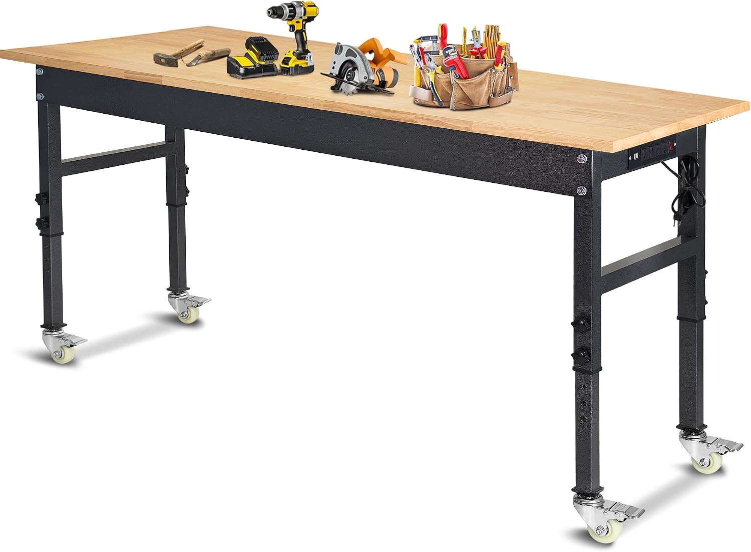 60' Adjustable Work Bench, Rubber Wood Top Workbench Heavy-Duty Work Table with Power Outlet and Wheels, 2000 LBS Load Capacity Hardwood Work Benches for Garage, Workshop, Home, Office, Easy Assembly
