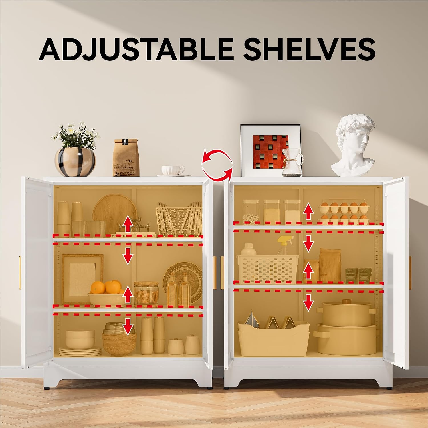COFaR White 39' H Double Door Metal Storage Cabinet, Heavy Duty Kitchen Organizer & Coffee Bar with Adjustable Shelves, 150 lbs Top Capacity, 3-Tier Filing Cabinet for Pantry, Home Office, Dorm